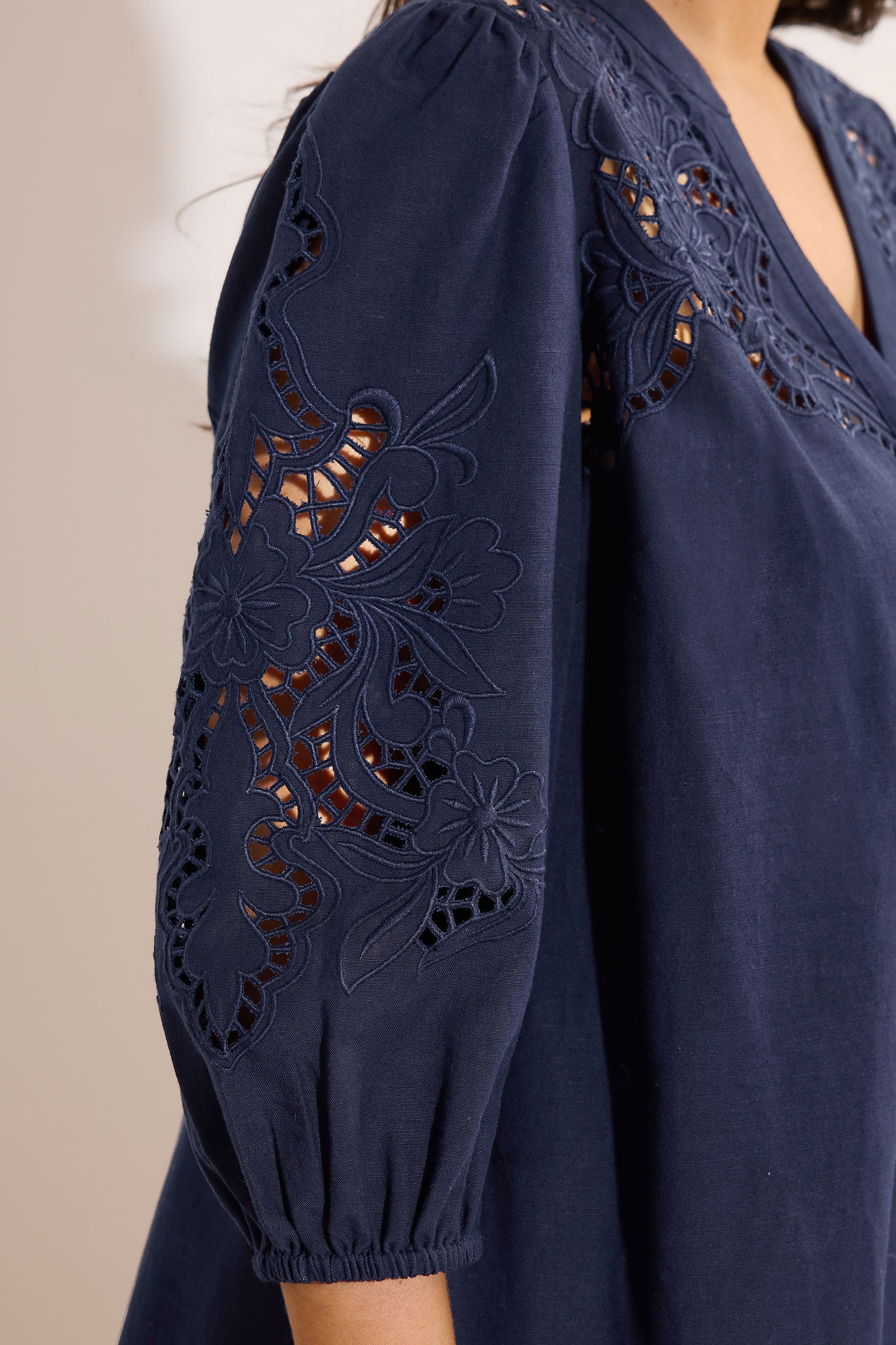 EVANS Plus Size Navy Blue Cutwork Linen Blouse | Evans 4