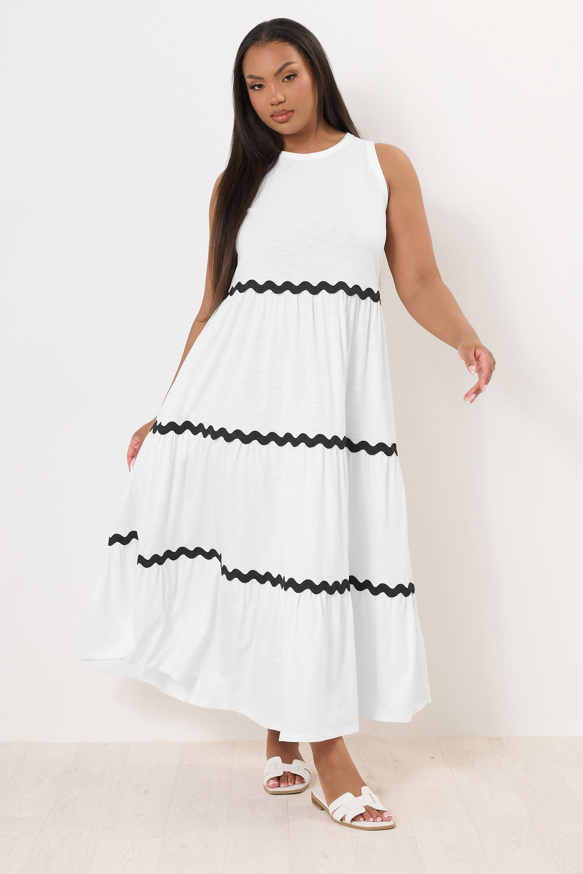 YOURS Plus Size White Contrast Swirl Tiered Maxi Dress | Yours Clothing 3