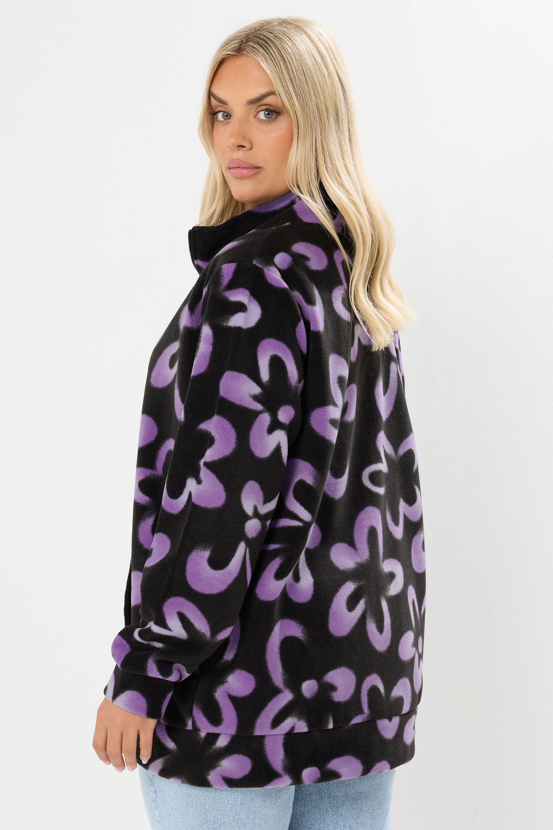 YOURS Plus Size Black Floral Zip Through Fleece Jacket | Yours Clothing 2