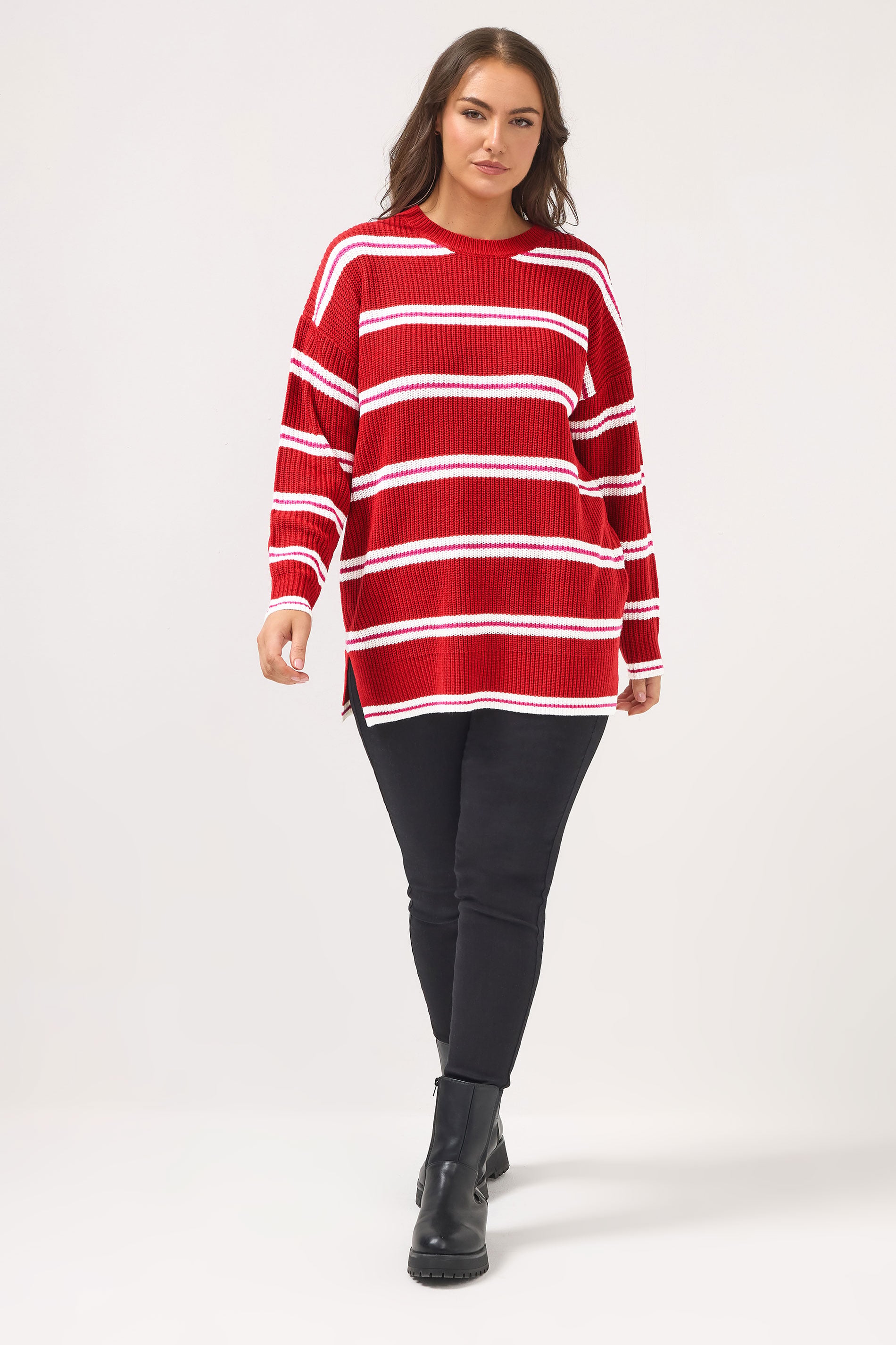 YOURS Plus Size Red Stripe Drop Shoulder Knitted Jumper | Yours Clothing 1