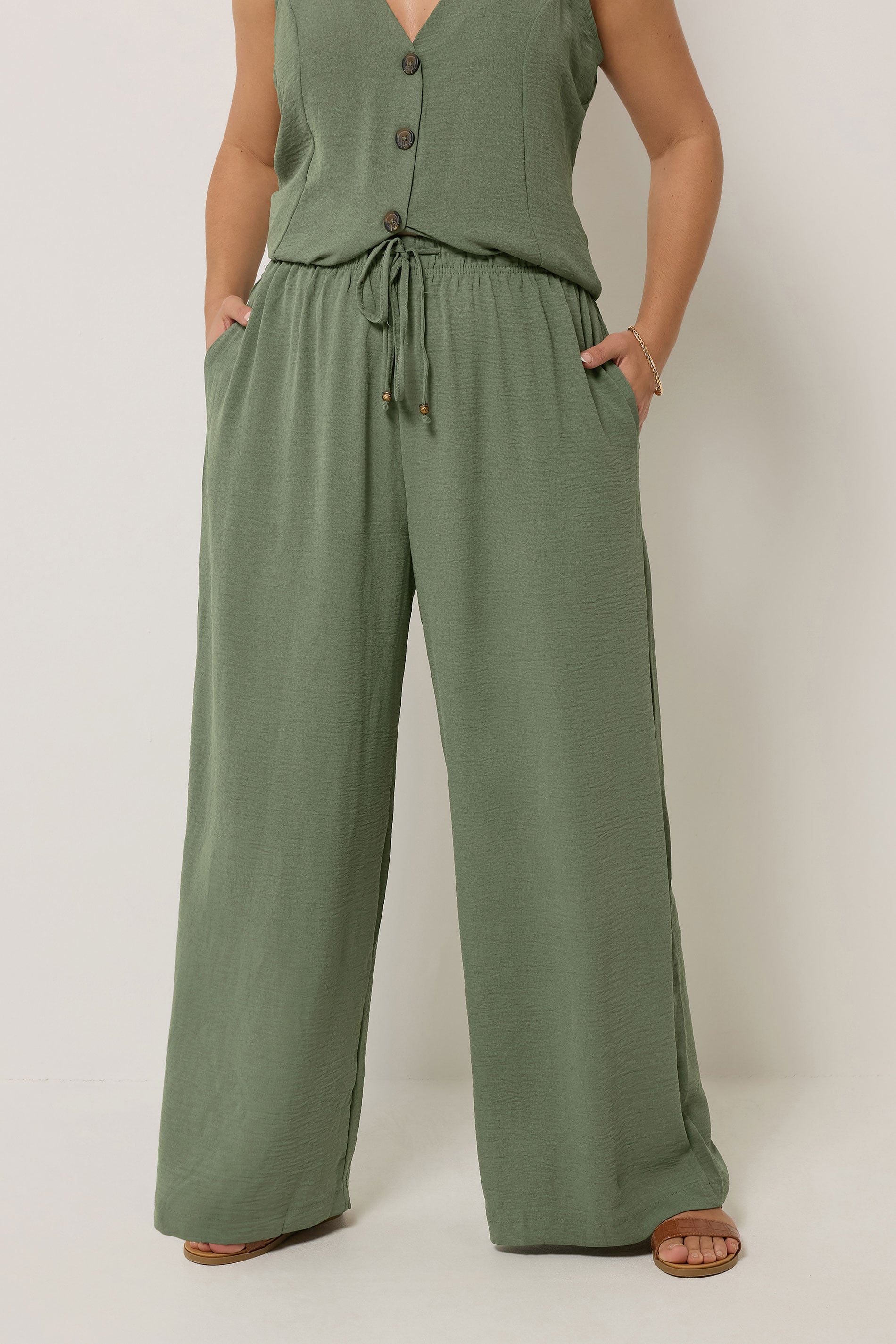 YOURS Plus Size Khaki Green Twill Wide Leg Trousers | Yours Clothing 3