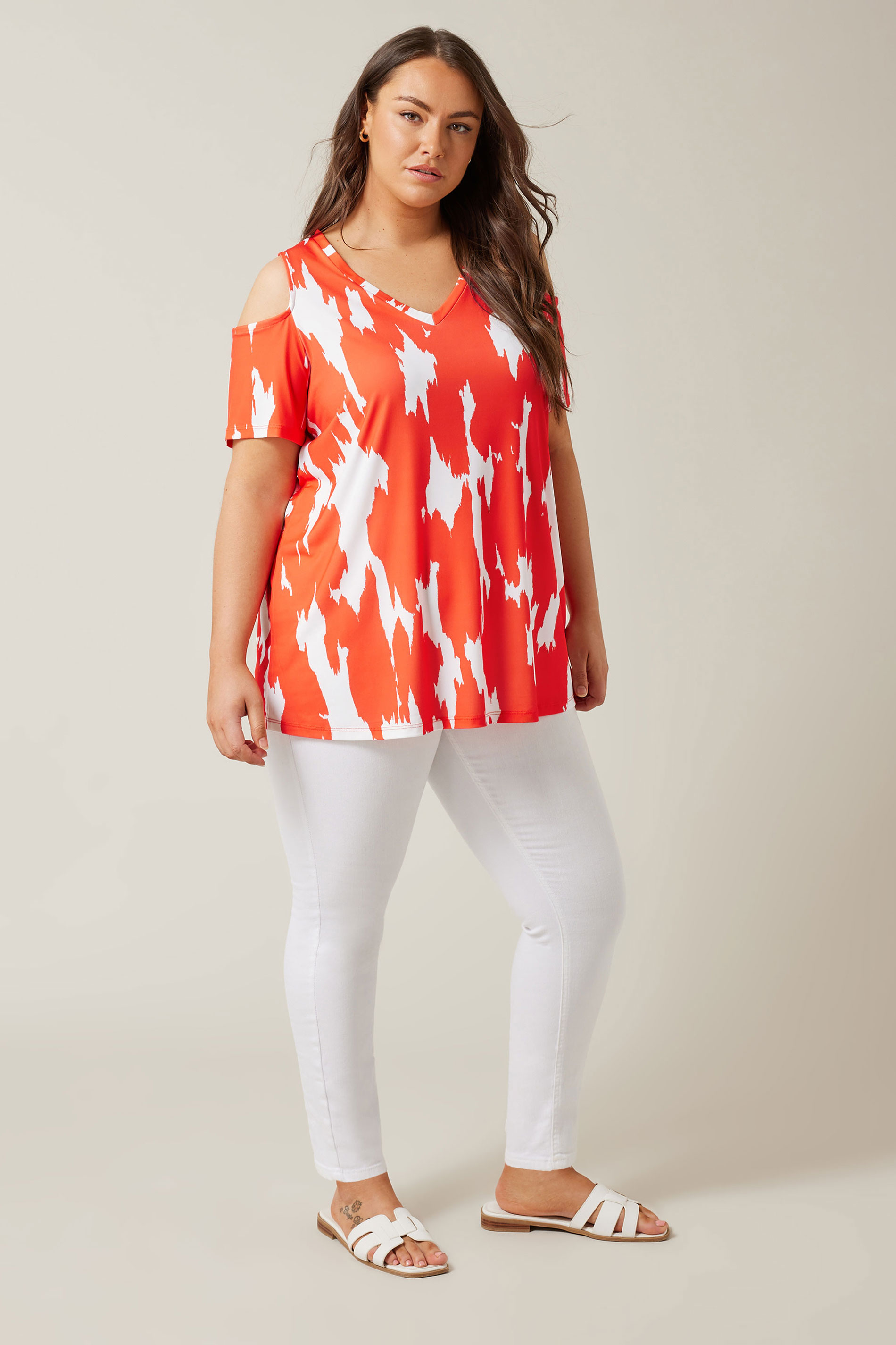 EVANS Plus Size Orange Abstract Print Cold Shoulder Top | Evans  1