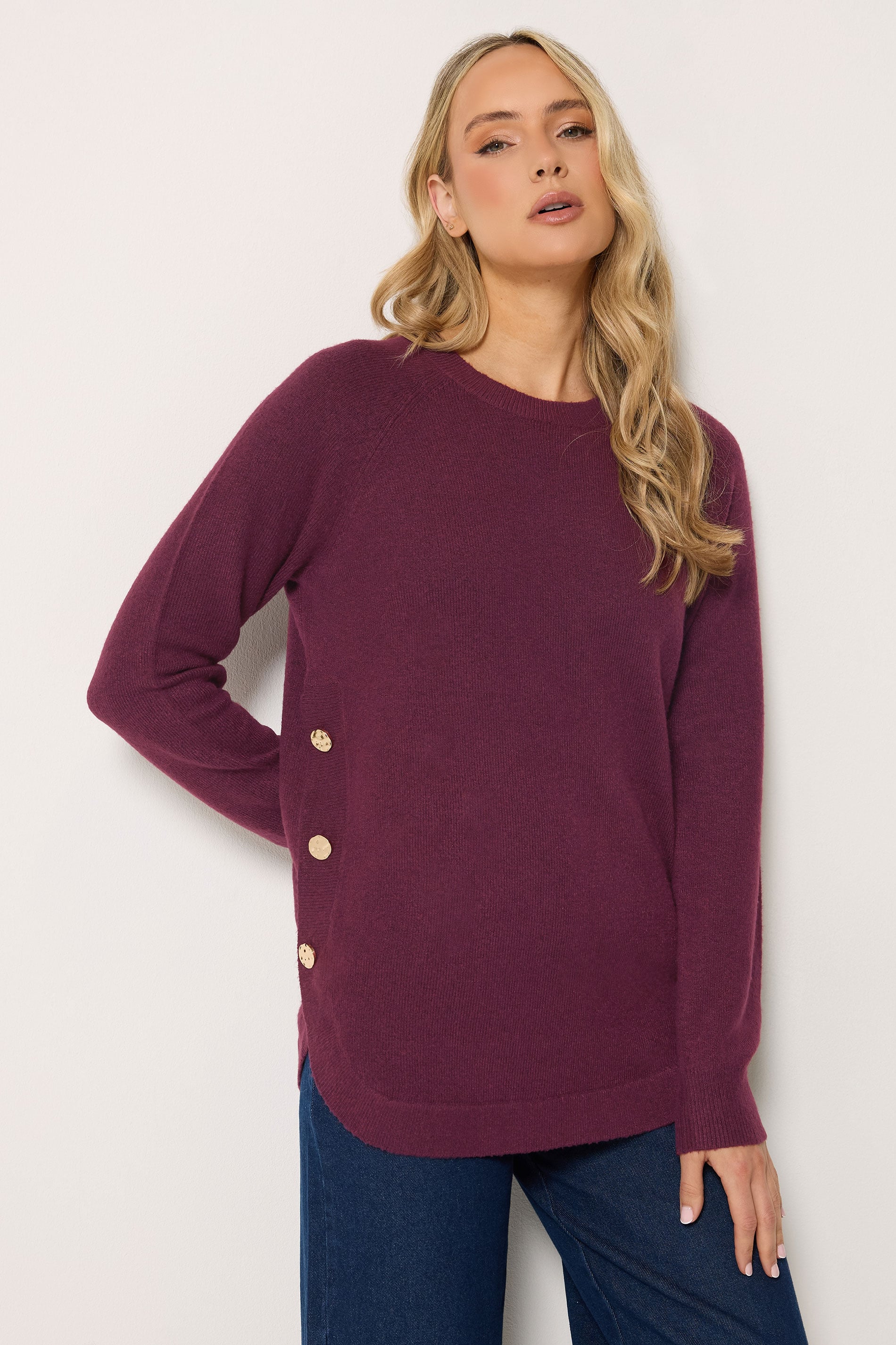 LTS Tall Women's Dark Red Longline Button Knitted Jumper | Long Tall Sally 3