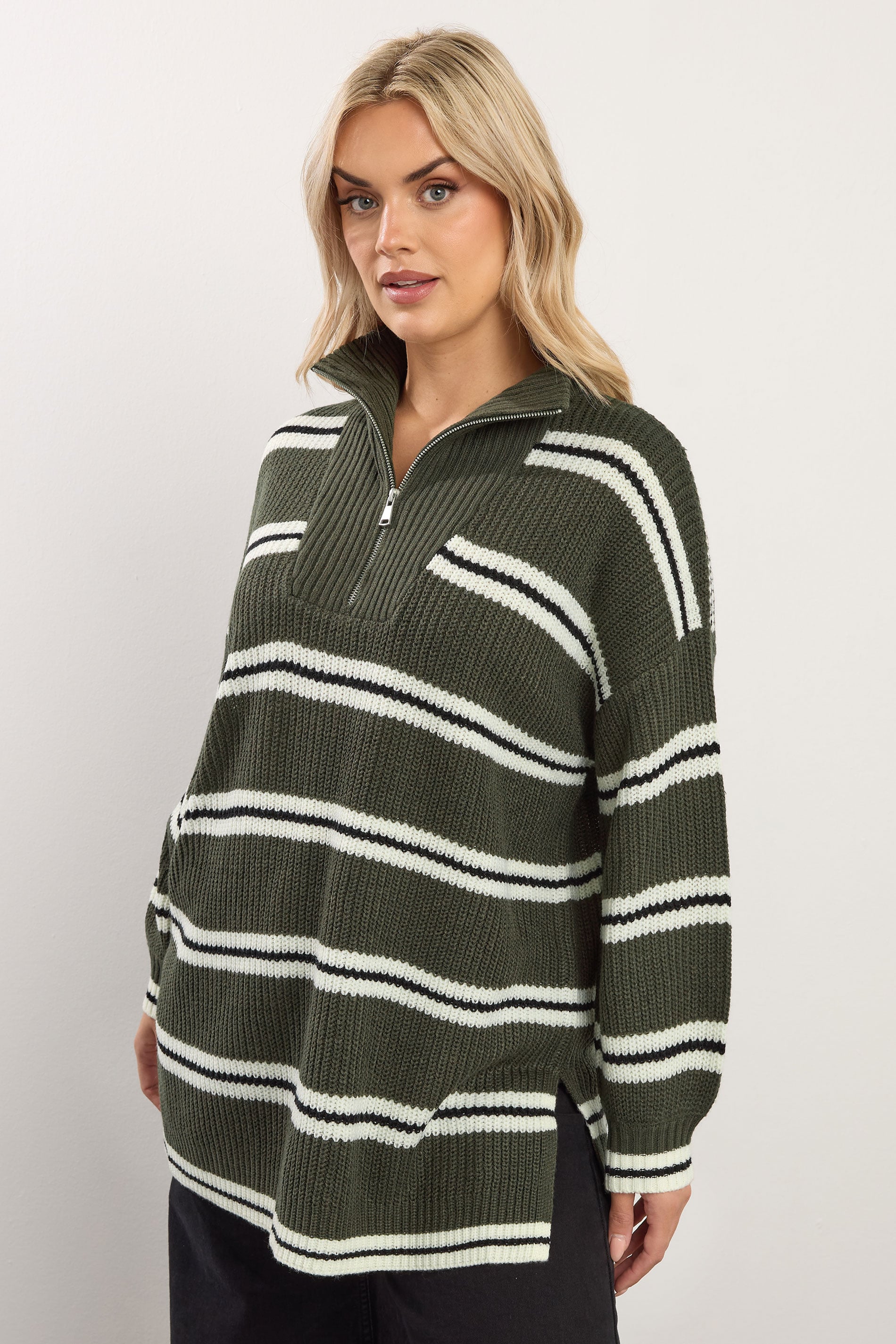 YOURS Plus Size Khaki Green Stripe Quarter Zip Jumper 3