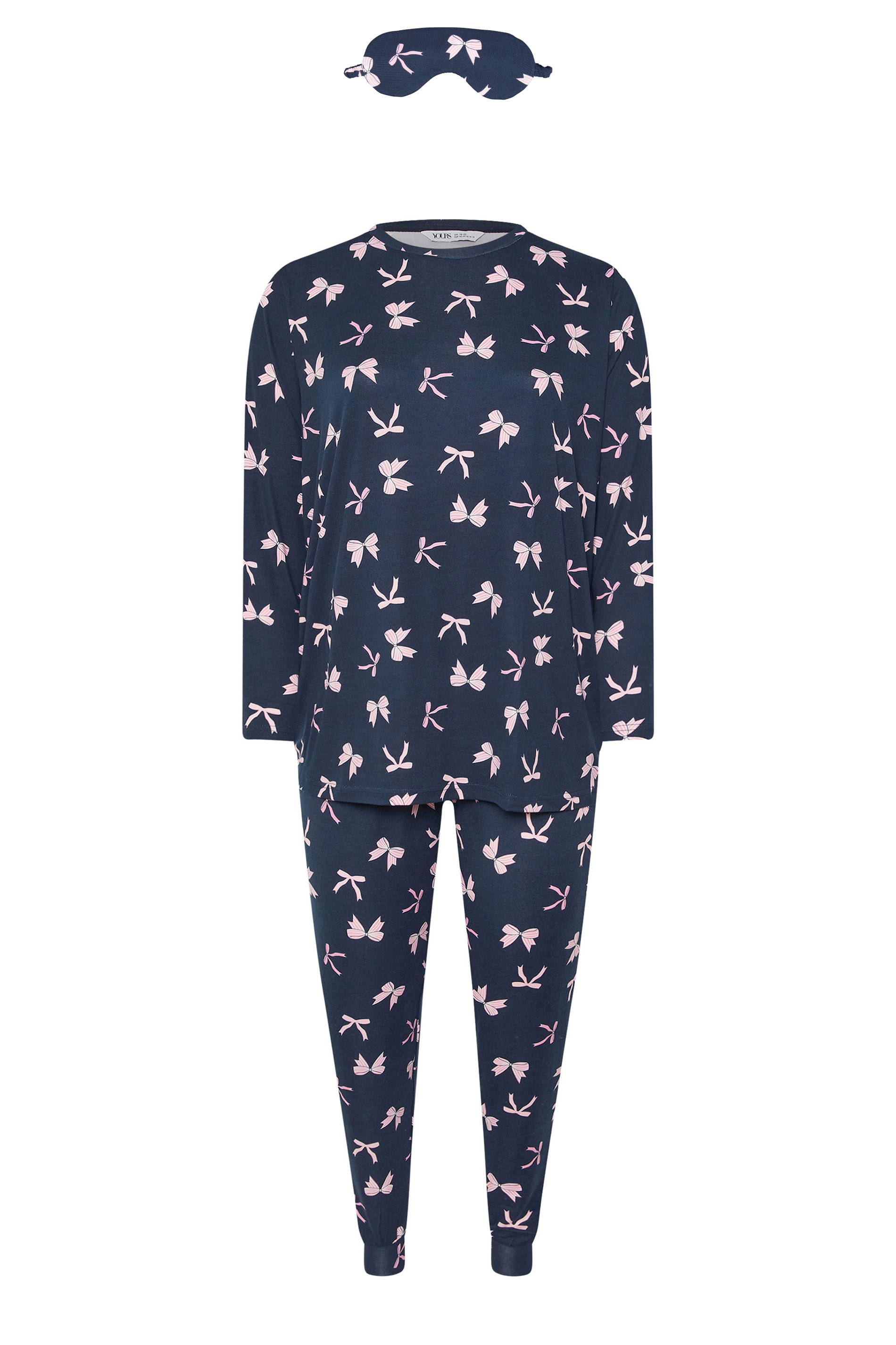 YOURS Plus Size Set Navy Blue Bow Soft Touch Pyjama & Eye Mask | Yours Clothing 6