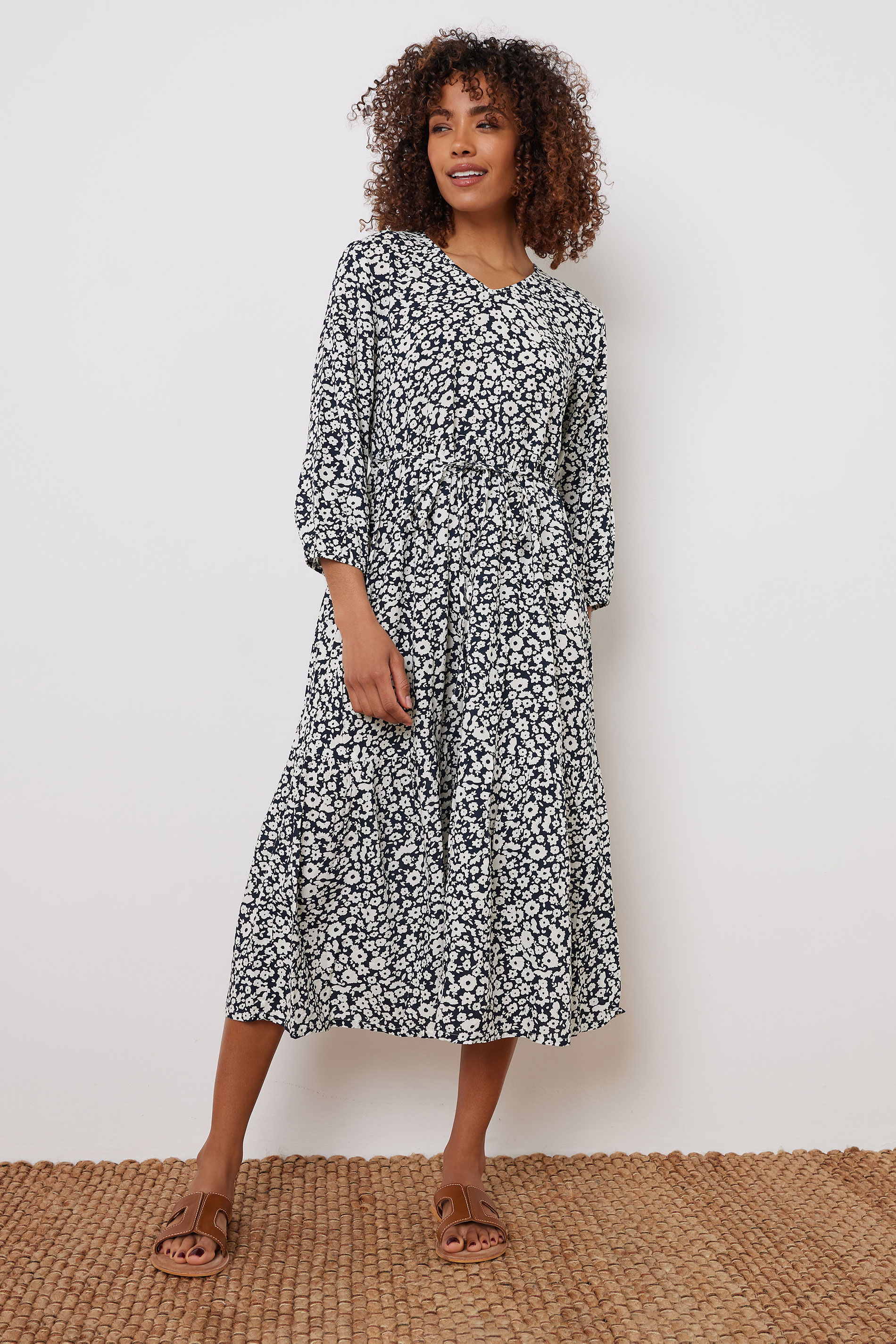 M&Co Navy Blue Floral Print Tiered Midi Dress | M&Co 2