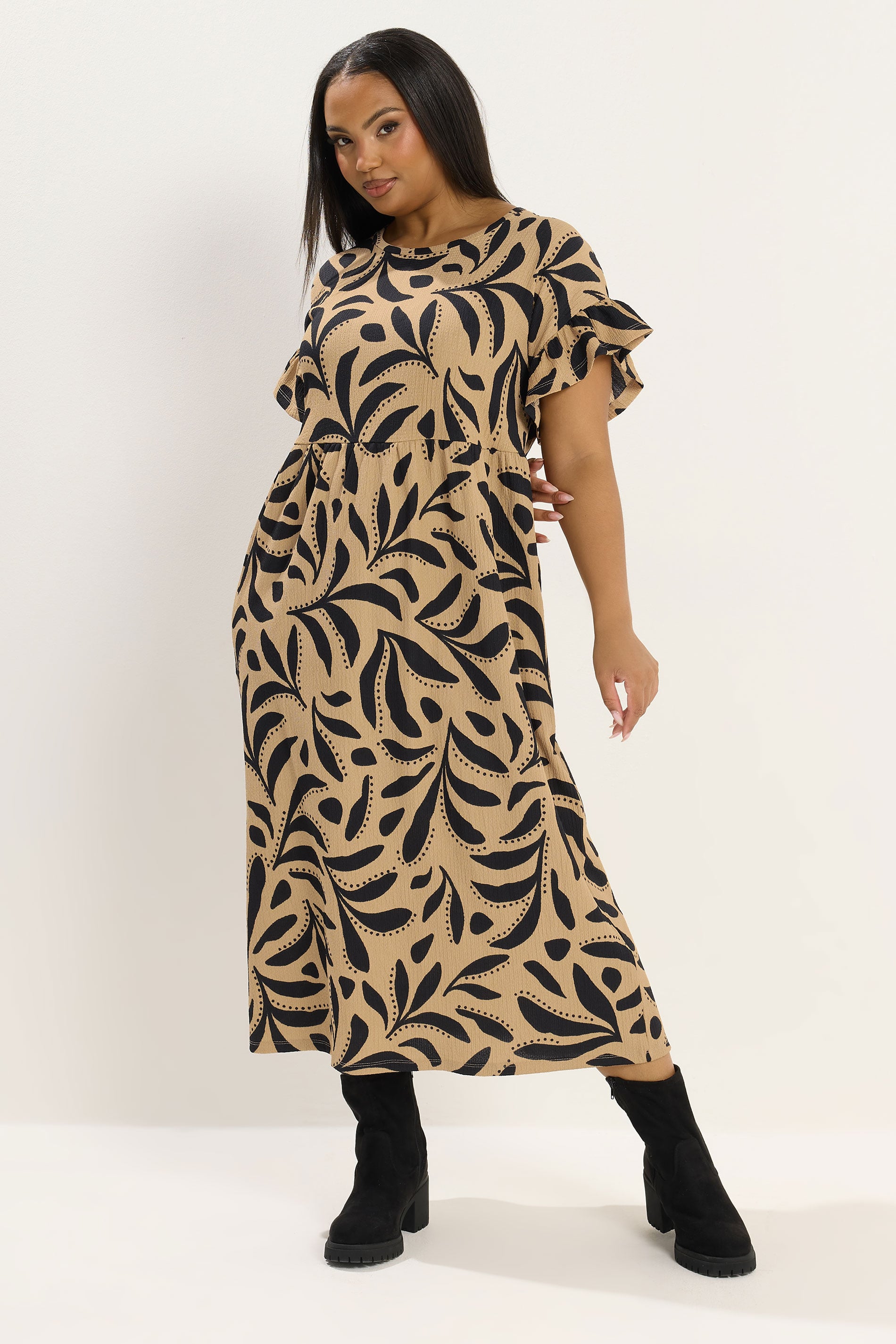 YOURS Plus Size Brown Abstract Frill Sleeve Dress | Yours Clothing 1