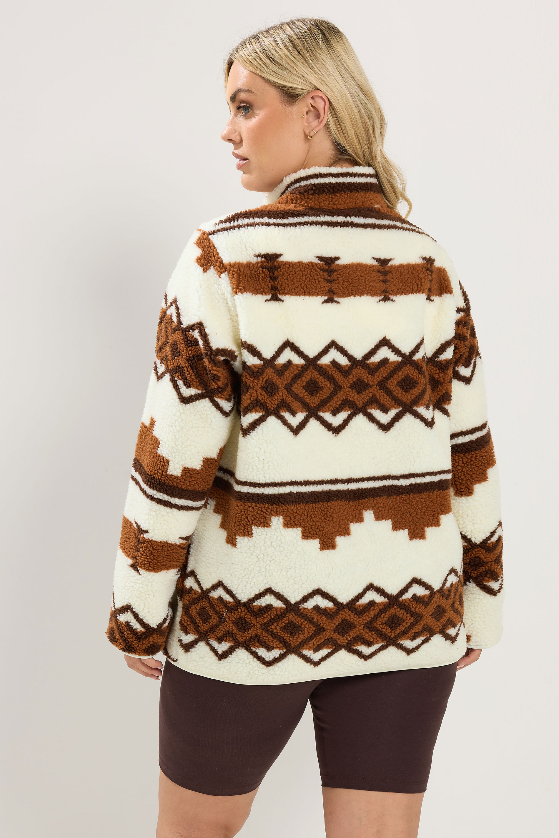 YOURS Plus Size Chocolate Brown Fairisle Borg Fleece Jacket | Yours Clothing 4