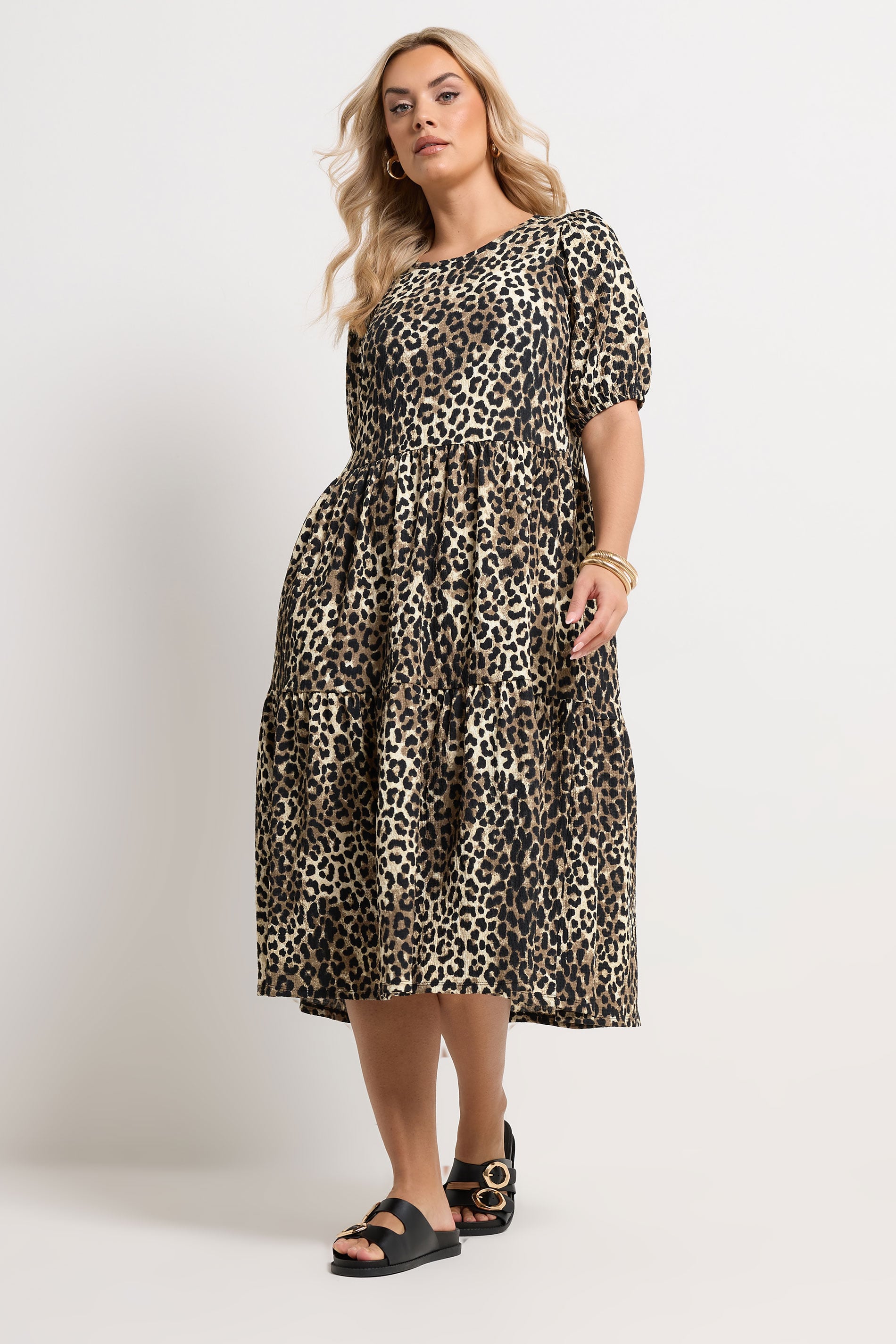 YOURS Plus Size Natural Brown Leopard Tiered Midi Dress | Yours Clothing 1