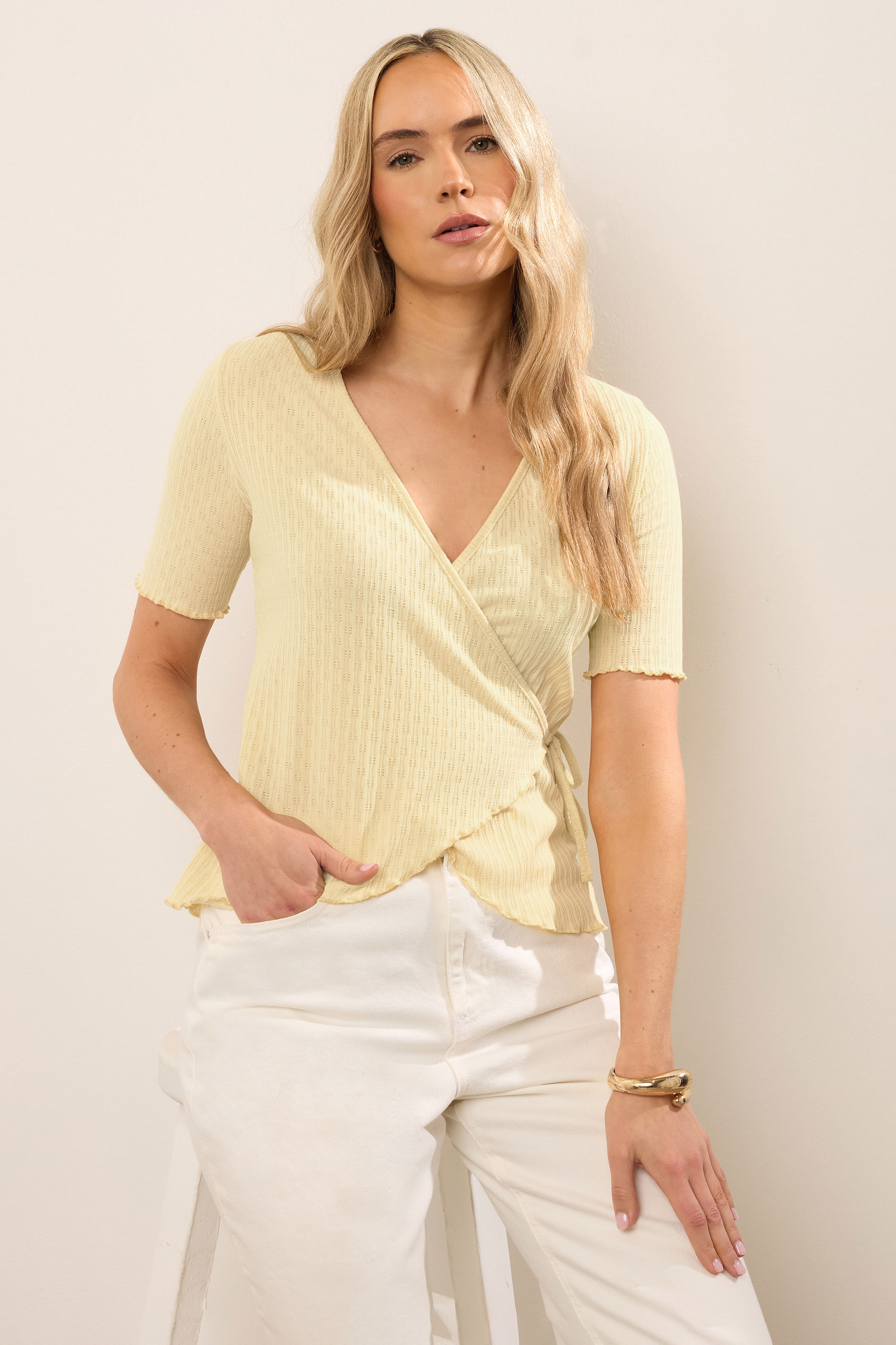LTS Tall Yellow Pointelle Knit Wrap Top | Long Tall Sally 3