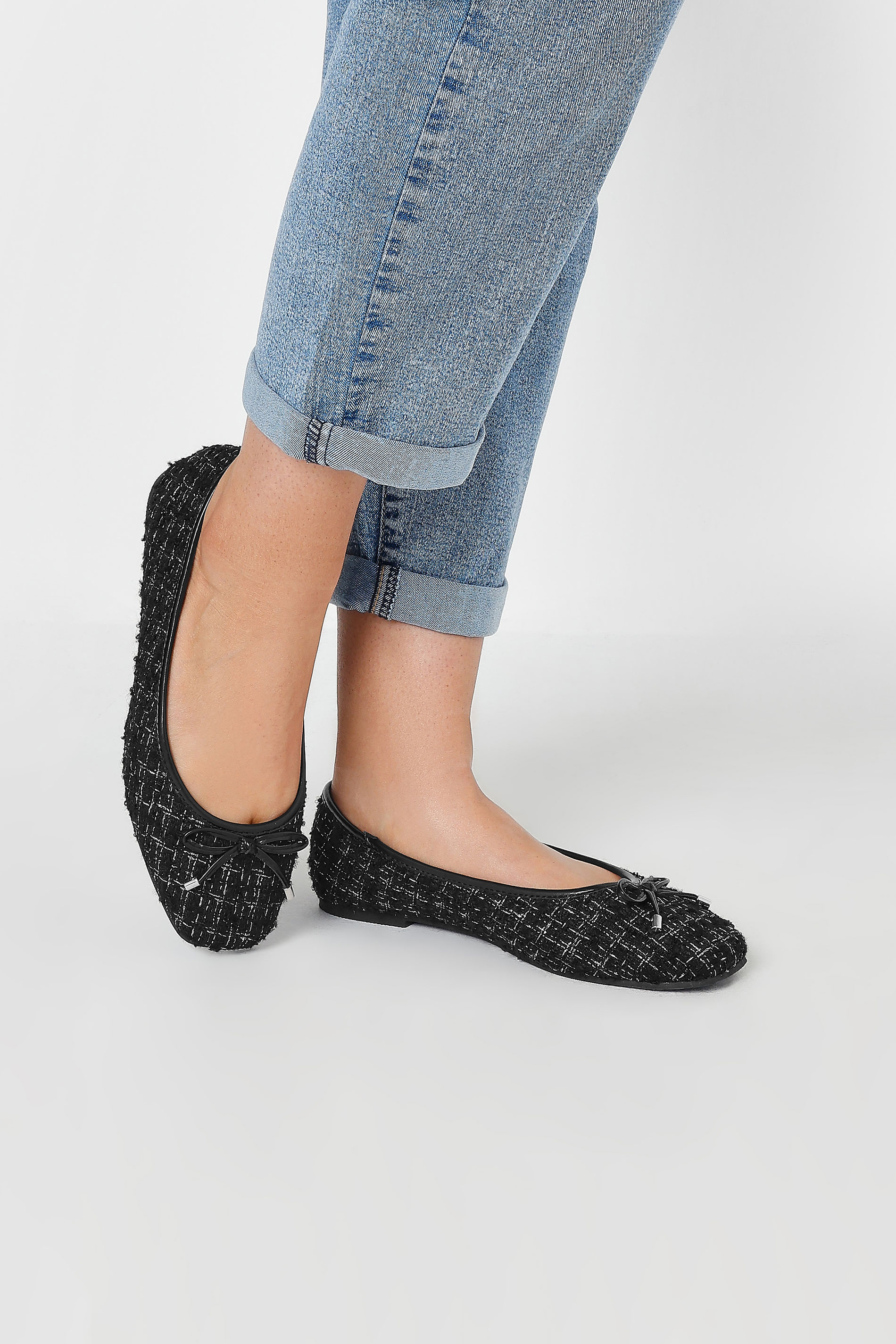 Black Boucle Ballerina Pumps In Extra Wide EEE Fit | Yours Clothing 1