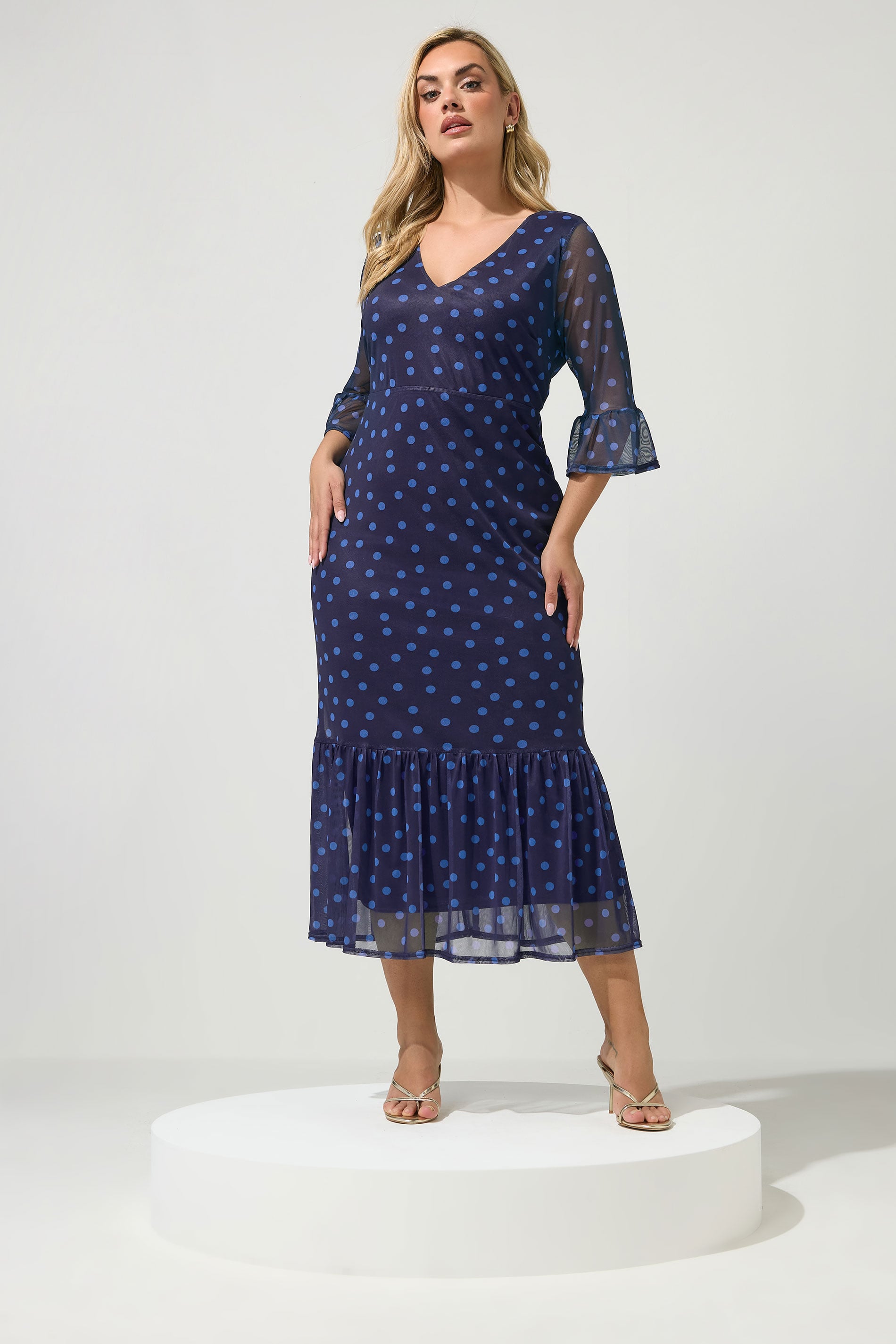 YOURS LONDON Plus Size Navy Blue Polka Dot Mesh Tiered Dress | Yours Clothing 1