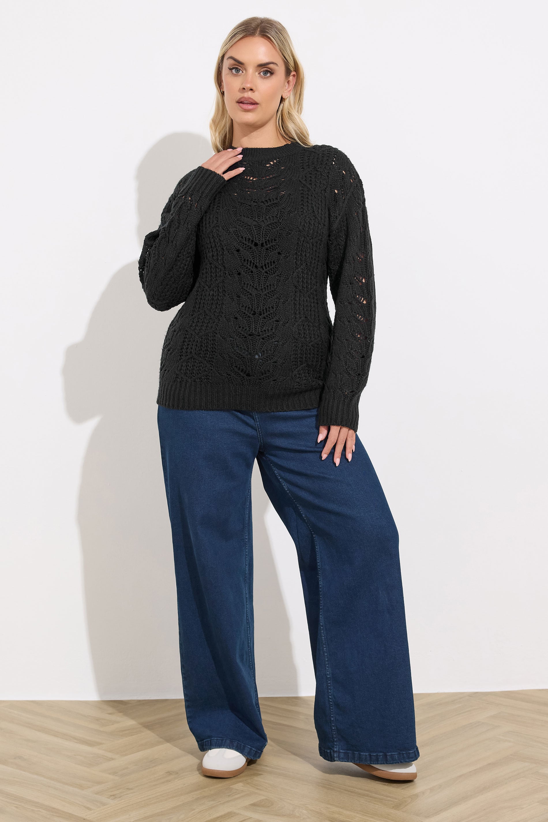 YOURS Plus Size Black Pointelle Knitted Jumper | Yours Clothing 2