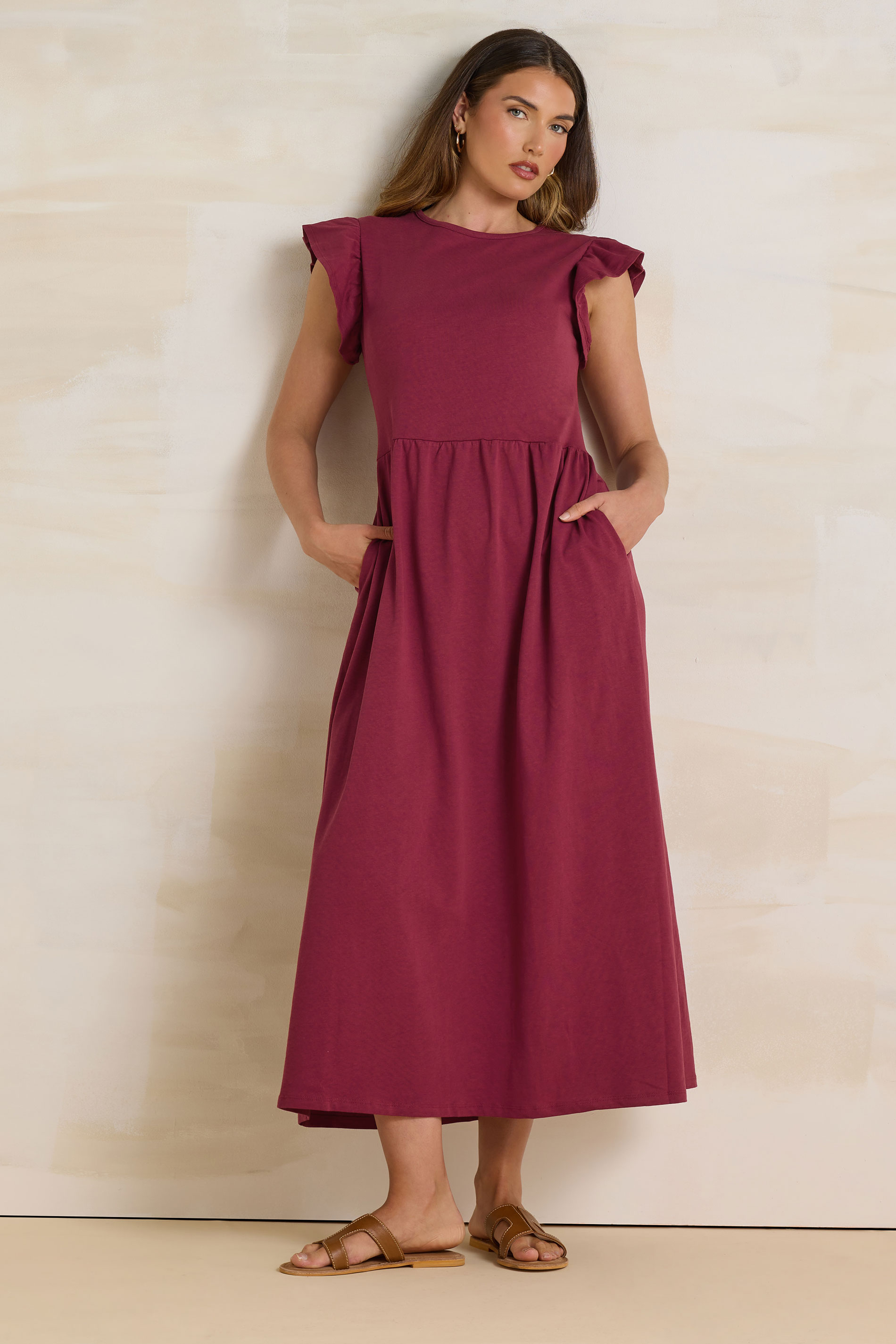LTS Tall Dark Red Frill Sleeve Cotton Maxi Dress | Long Tall Sally 1