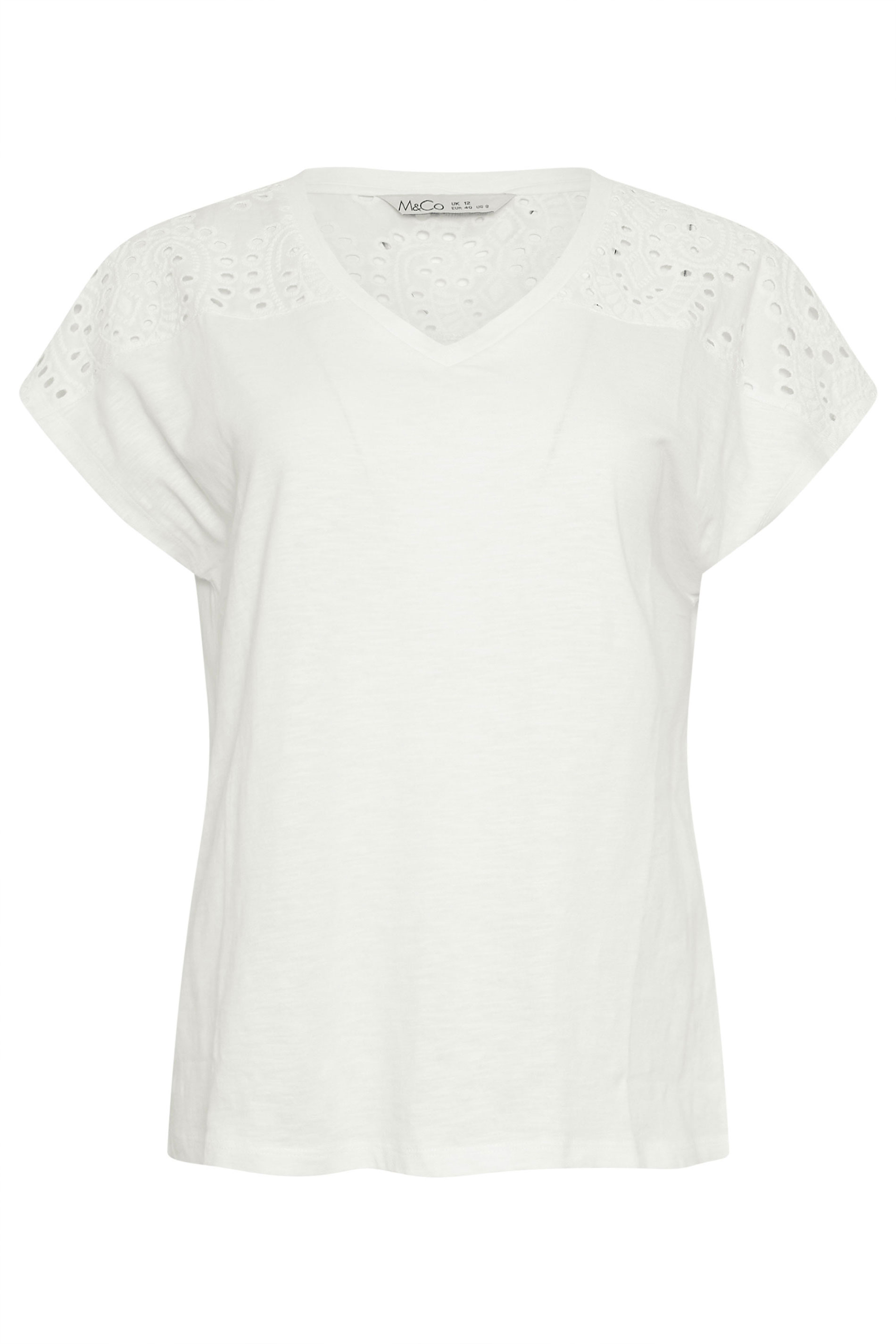 M&Co White Broderie V-Neck Cotton T-Shirt | M&Co  5