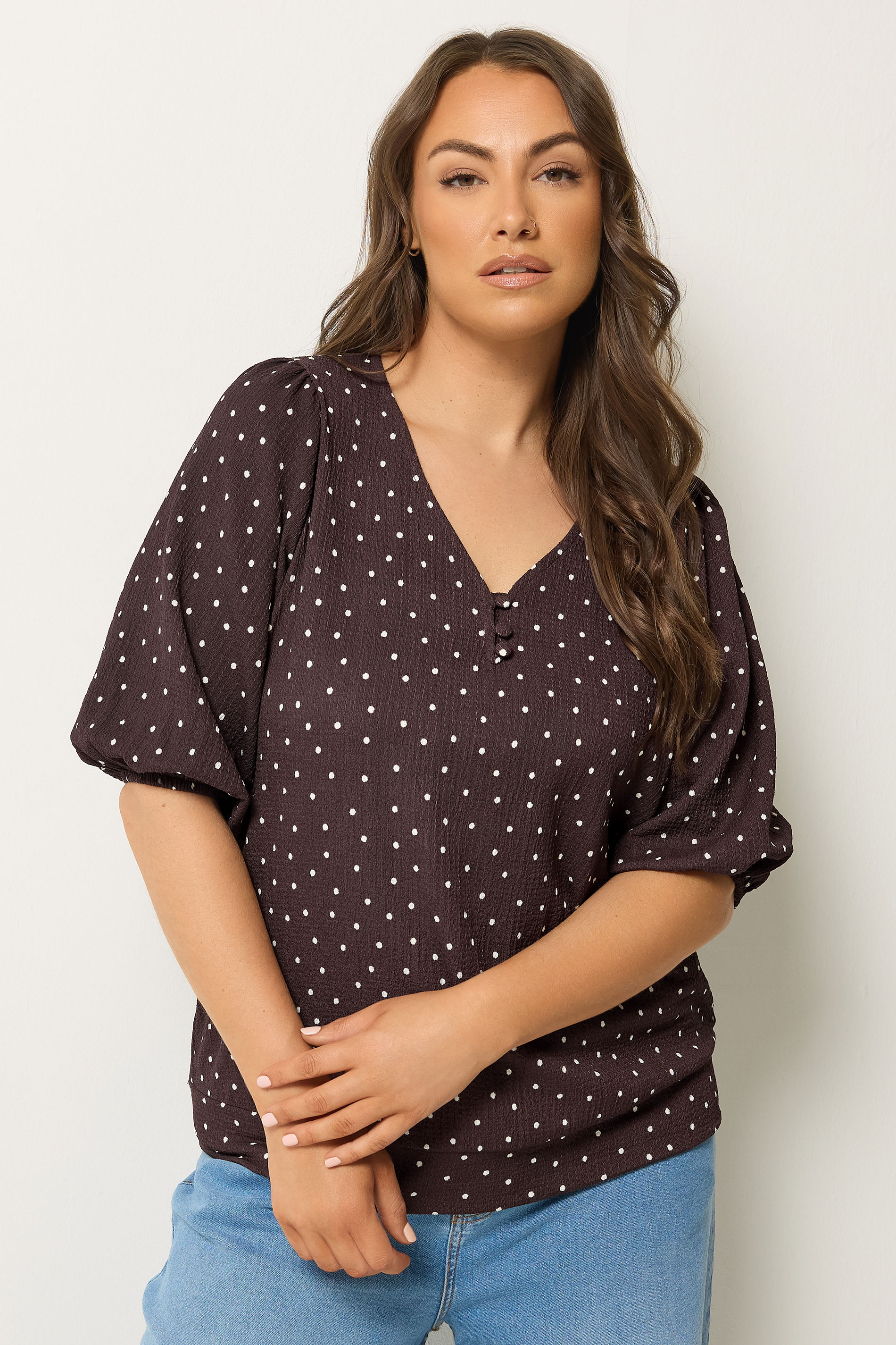 YOURS Plus Size Chocolate Brown Polka Dot Puff Sleeve Top | Yours Clothing 3