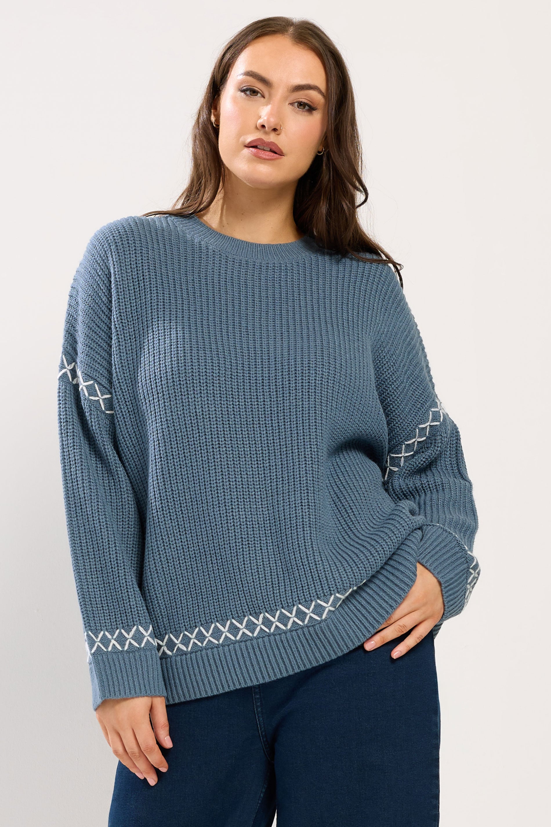 YOURS Plus Size Blue Blanket Stitch Jumper | Yours Clothing 1