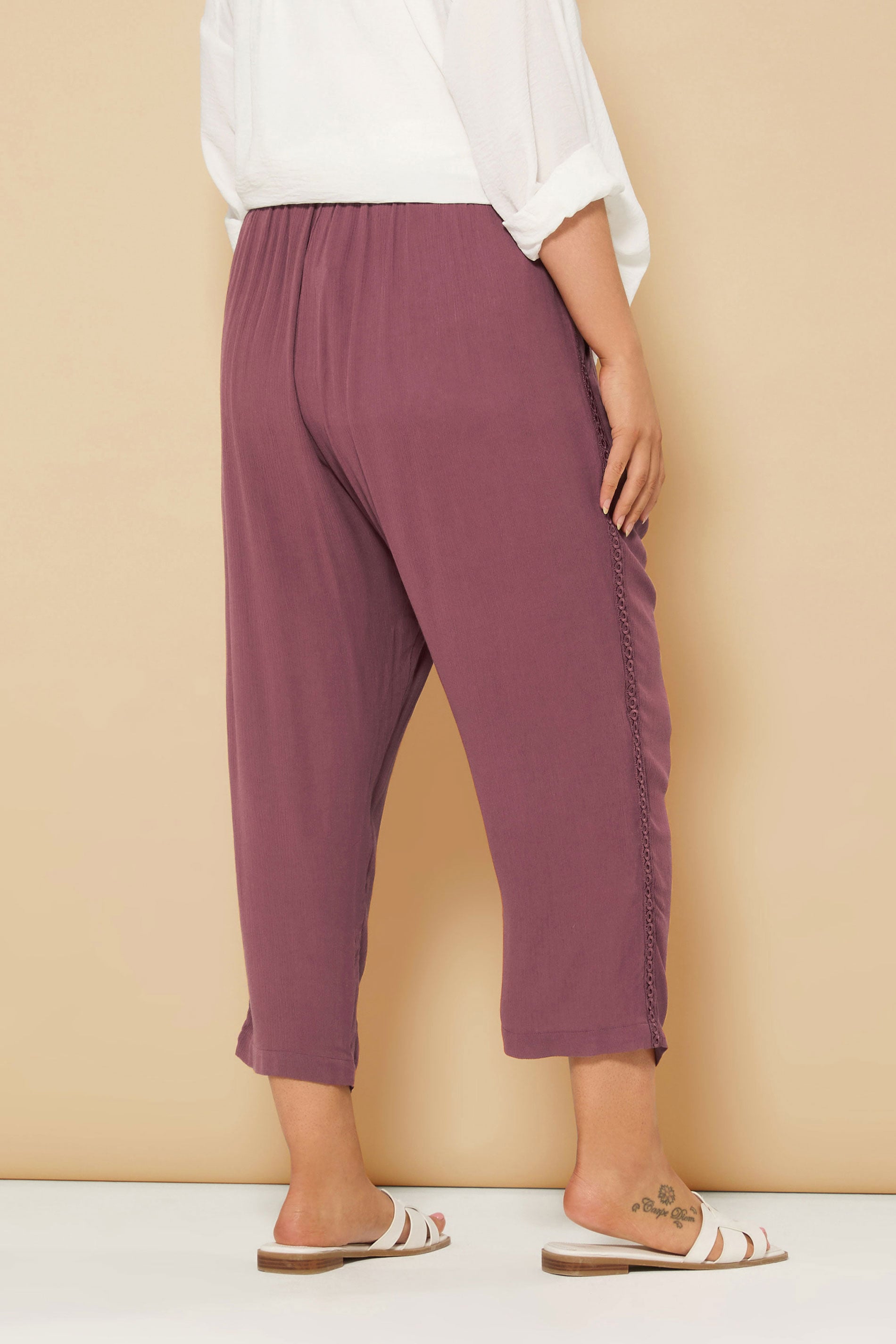 YOURS Plus Size Berry Red Crochet Trim Cropped Trousers | Yours Clothing 2