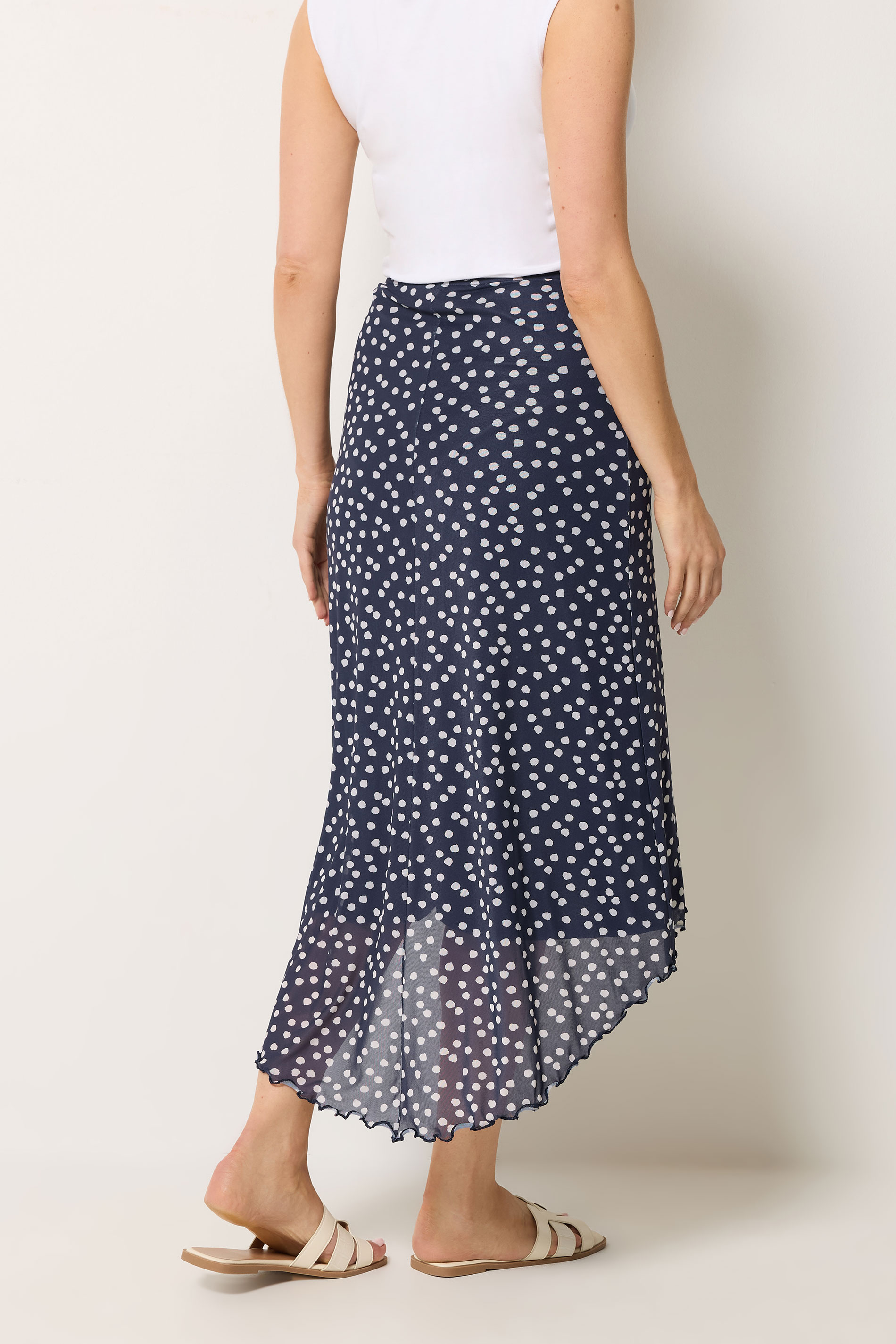 LTS Tall Women's Navy Blue Polka Dot Dipped Hem Mesh Midi Skirt | Long Tall Sally 2