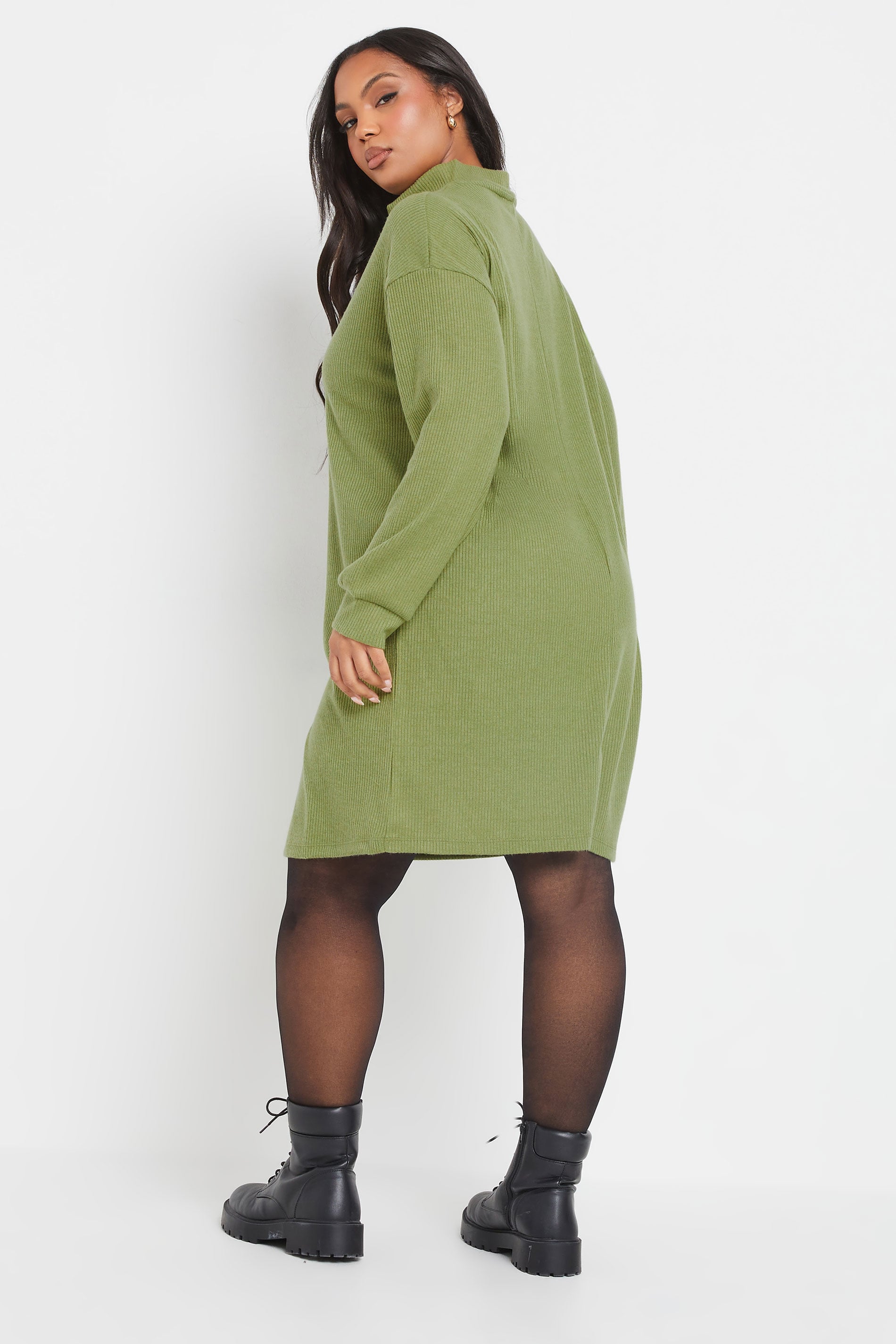 YOURS Plus Size Green Zip Neck Ribbed Jumper Dress | Yours Clothing 2