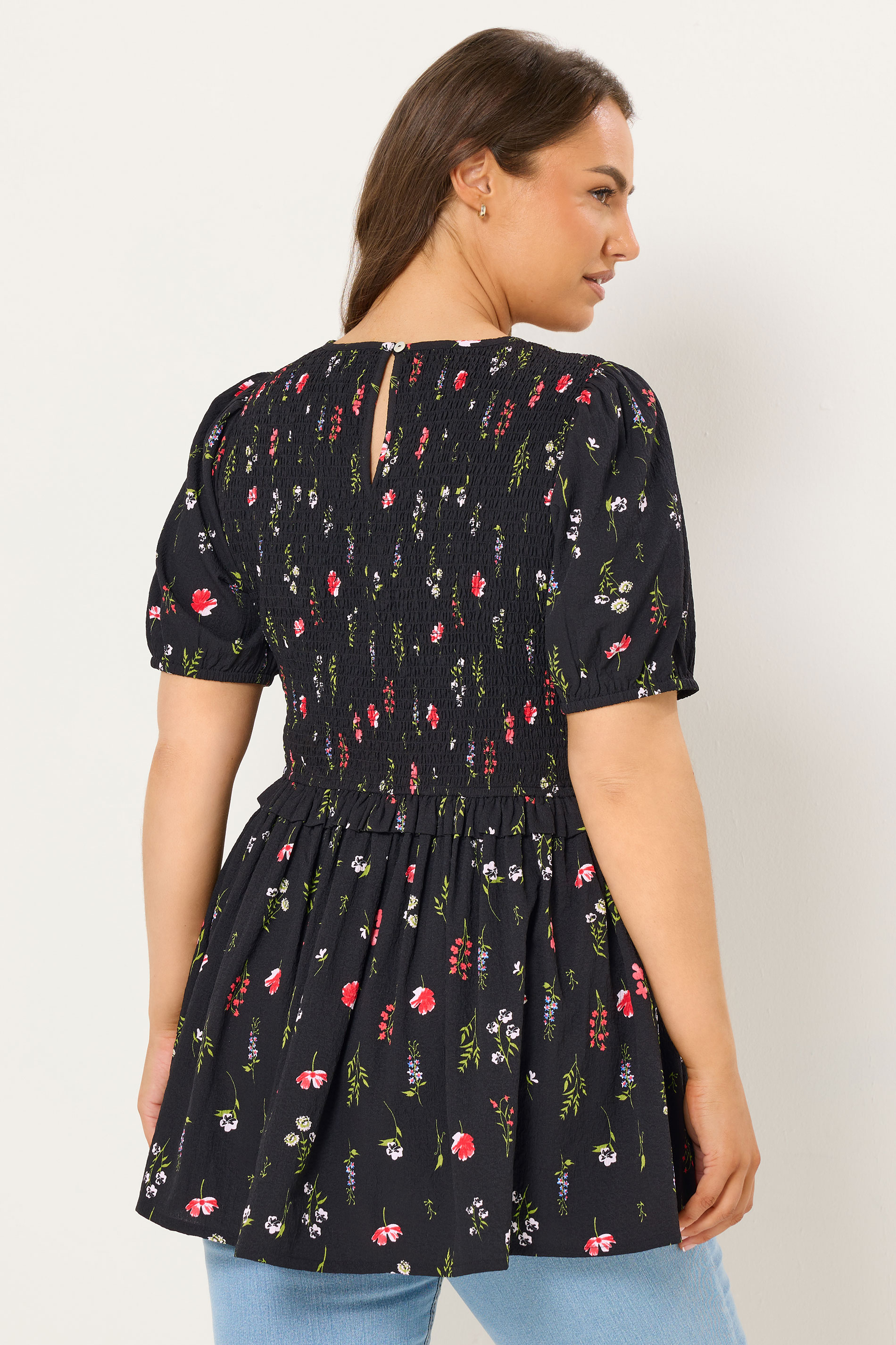 YOURS Plus Size Black Floral Shirred Peplum Top | Yours Clothing 2