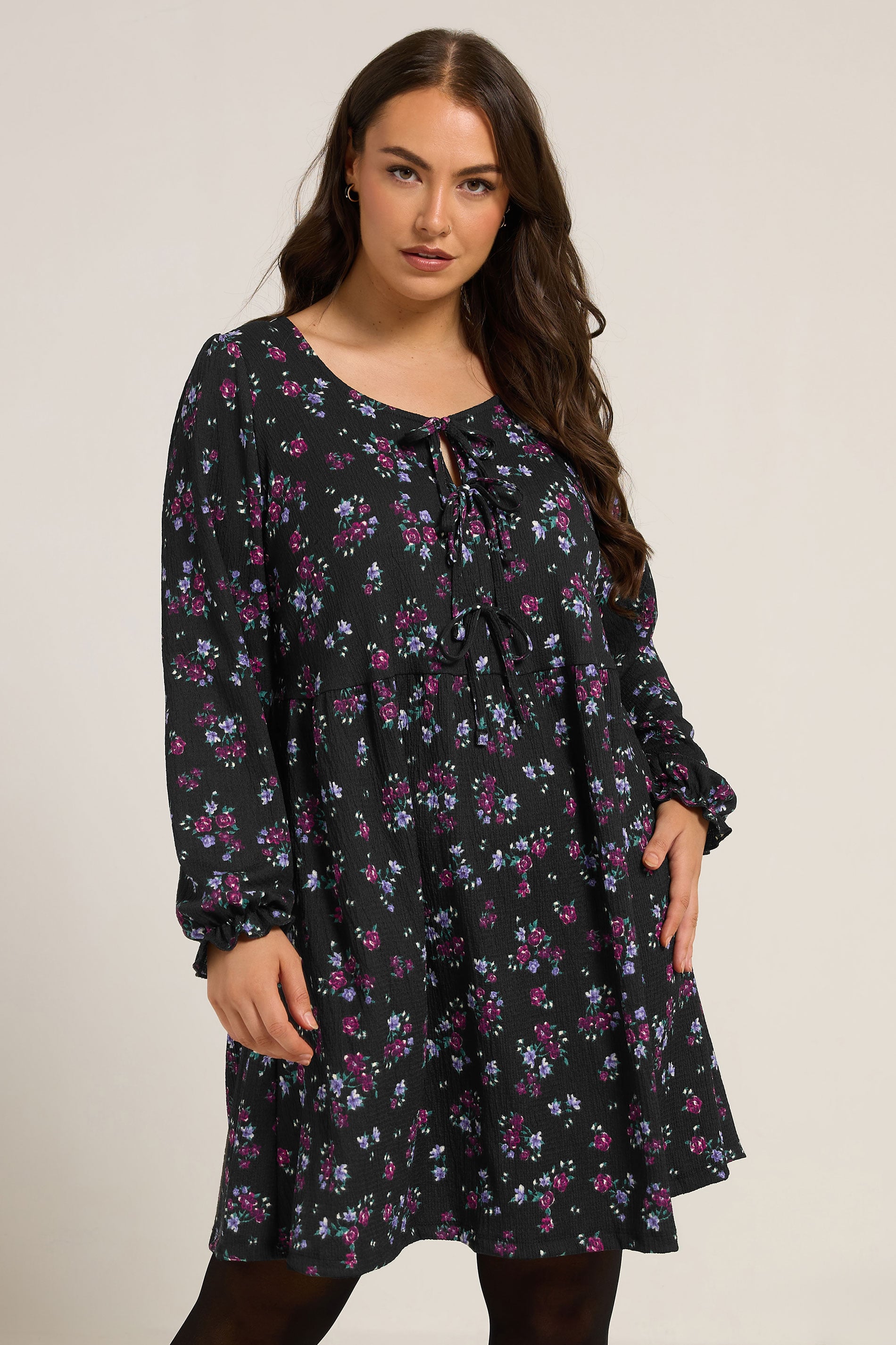YOURS Plus Size Black Floral Tie Front Textured Dress | Yours Clothing 1