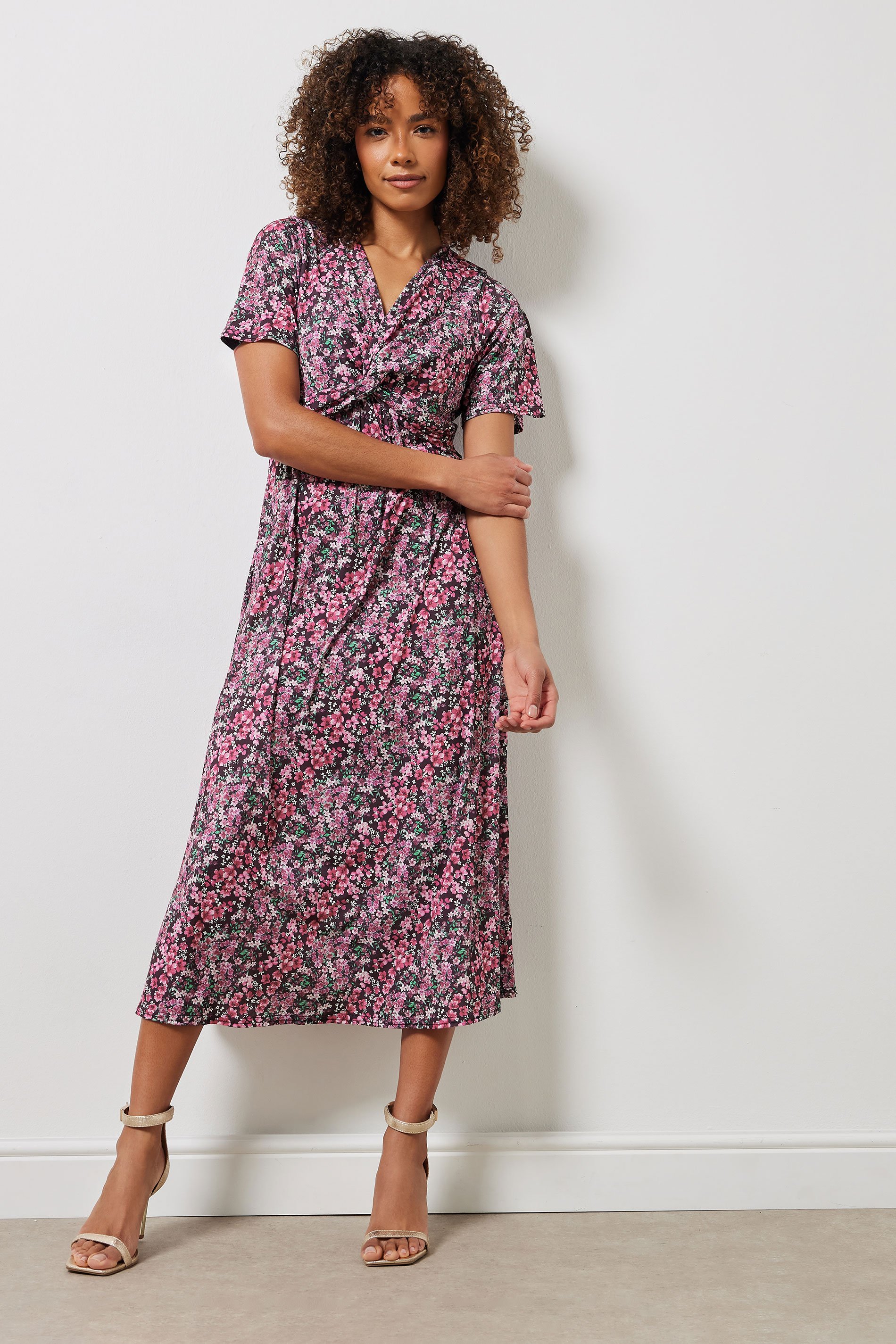 M&Co Pink Floral Print Twist Front Short Sleeve Dress | M&Co 2