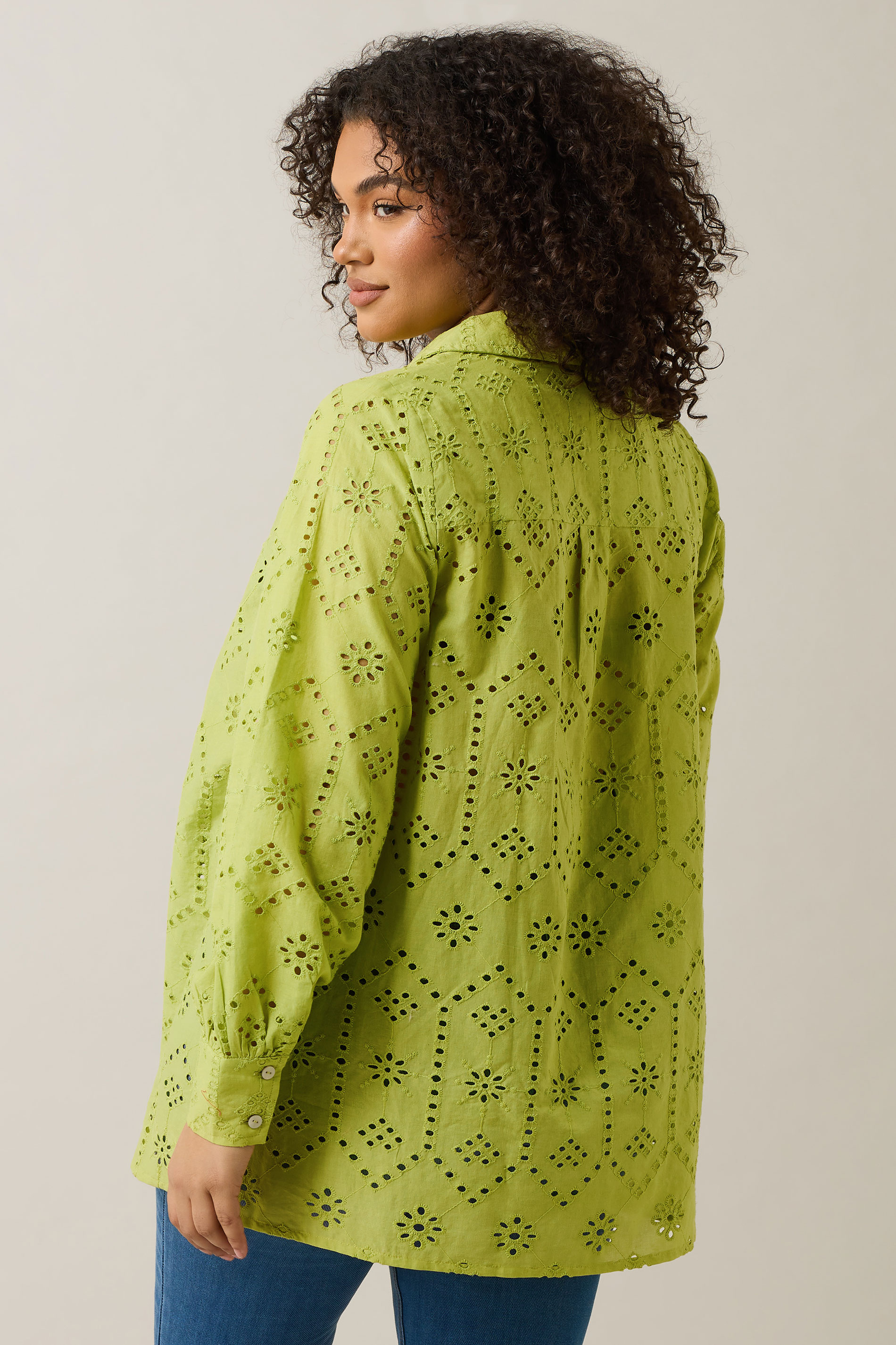 EVANS Plus Size Chartreuse Green Long Sleeve Broderie Shirt | Evans 5
