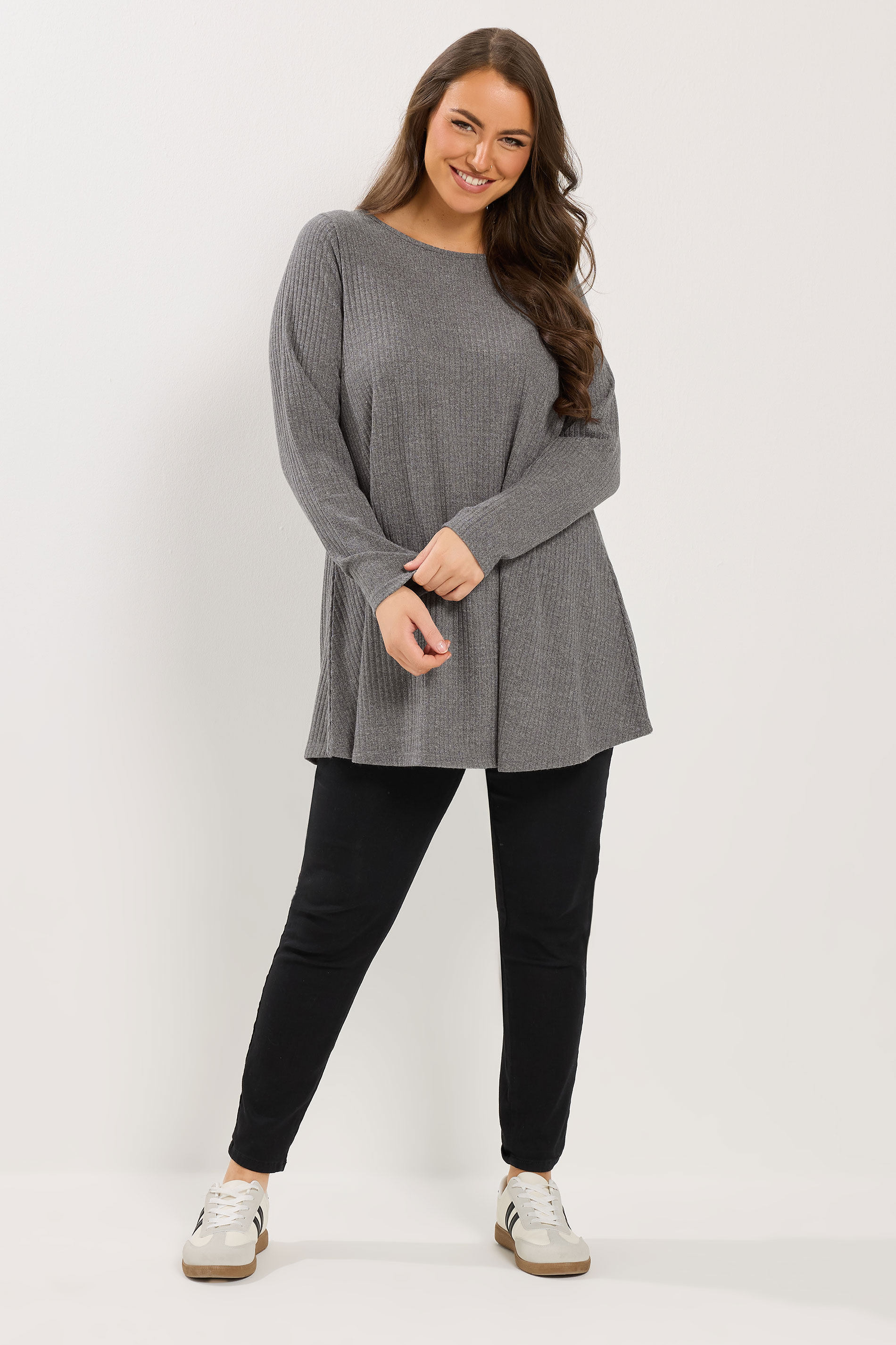 YOURS Plus Size Grey  Soft Touch Ribbed Long Sleeve Top | Yours Clothing 1