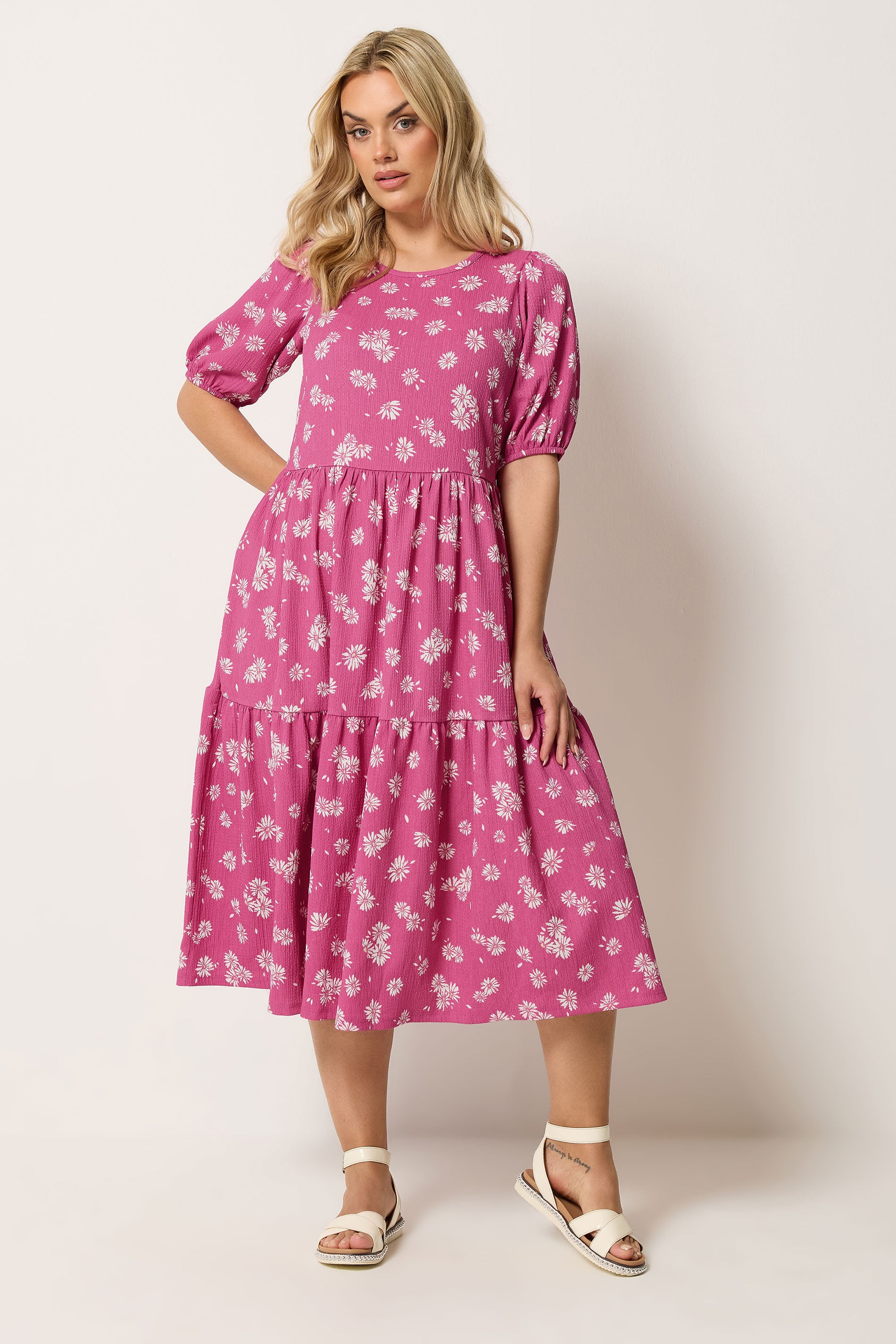 YOURS Plus Size Pink Daisy Tiered Midi Dress | Yours Clothing 3
