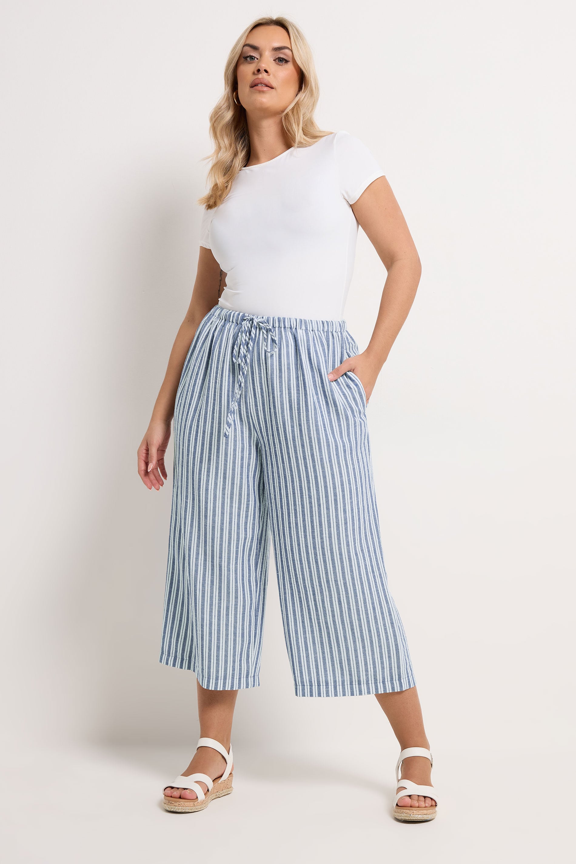 YOURS Plus Size Blue Stripe Linen Look Cropped Trousers | Yours Clothing 3
