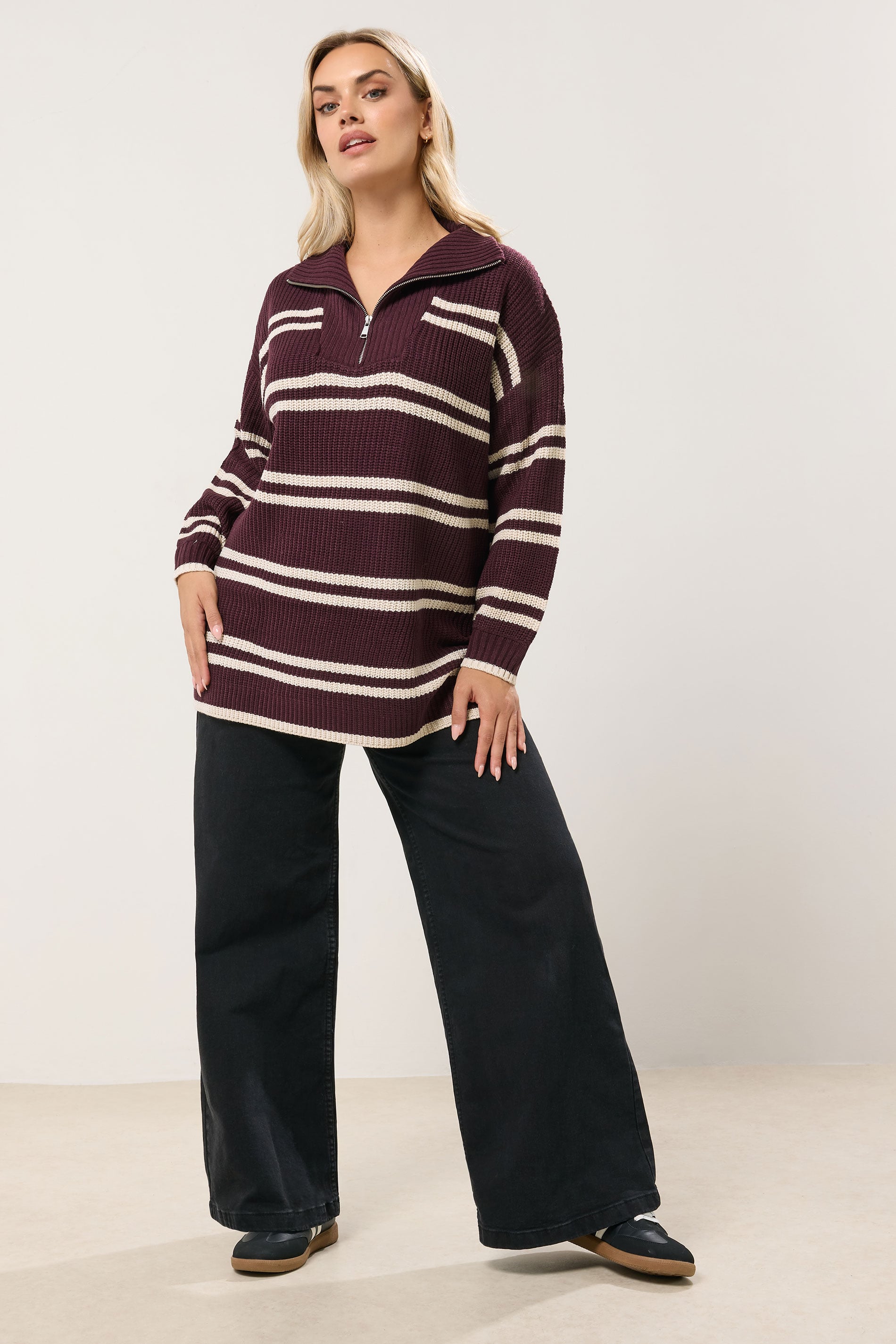 YOURS Plus Size Red Stripe Quarter Zip Jumper | Yours Clothing 1