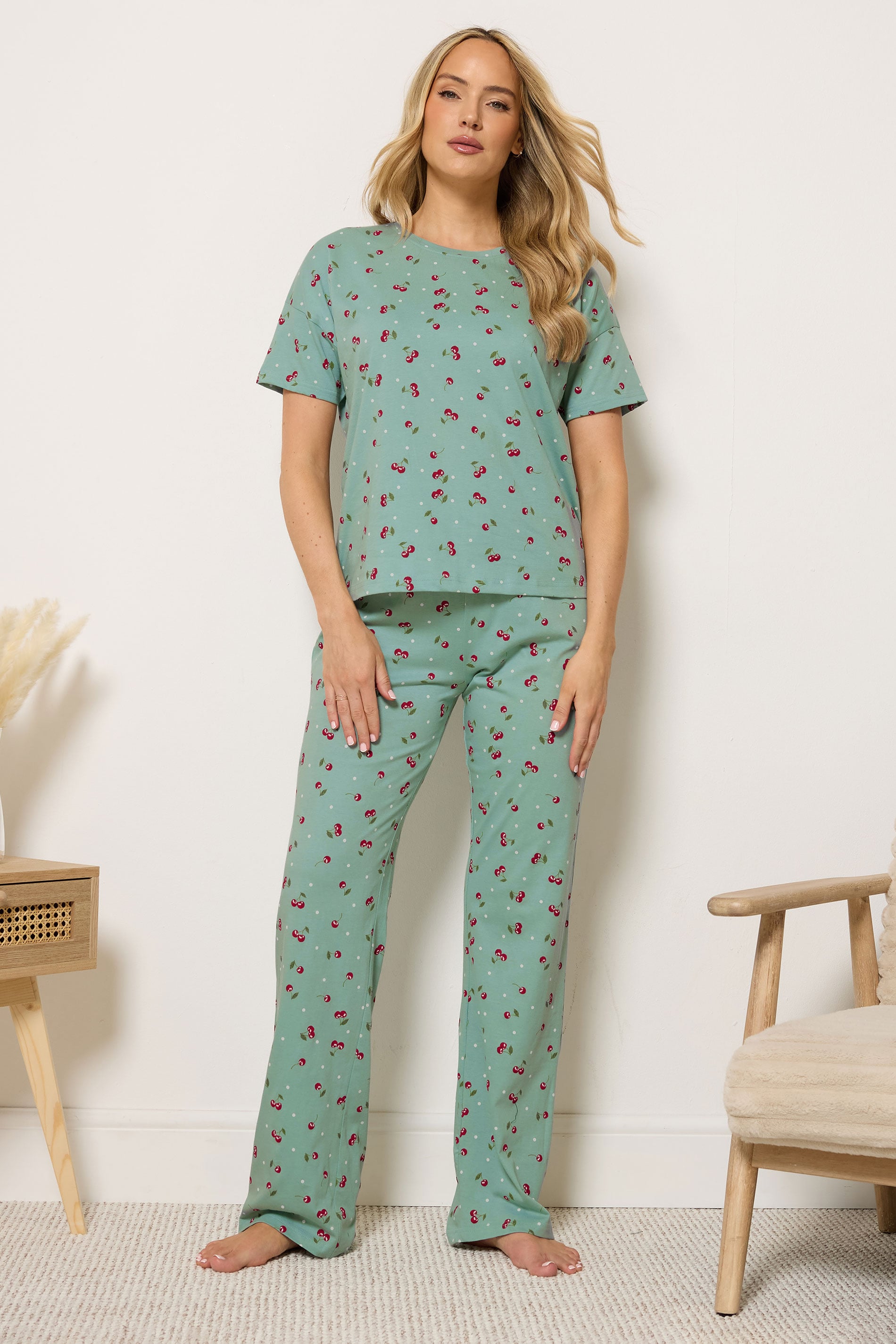 LTS Tall Women's Green Cherry Print Cotton Wide Leg Pyjama Set | Long Tall Sally 3