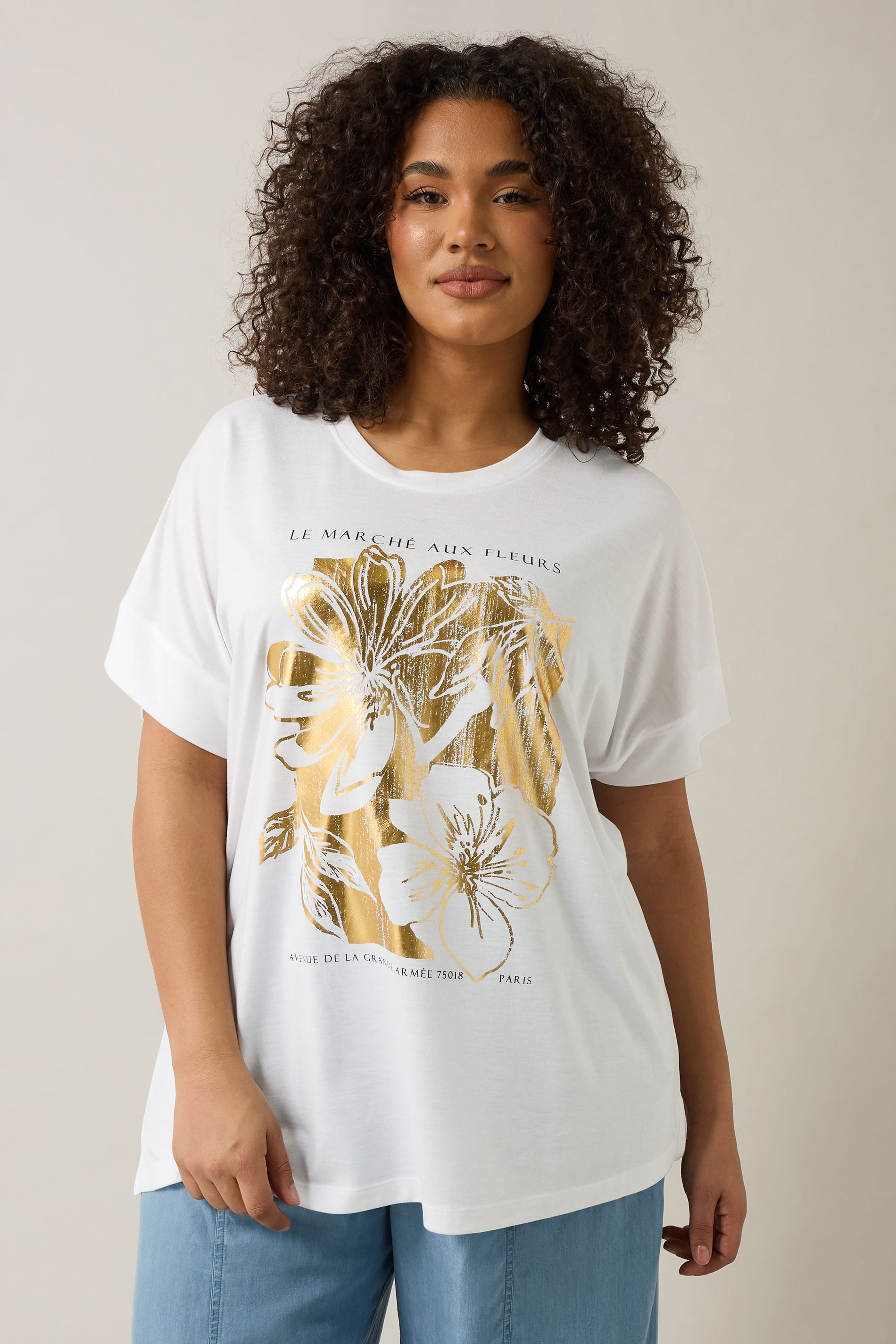 EVANS Plus Size White Metallic Floral Print Modal Rich T-Shirt | Evans 3