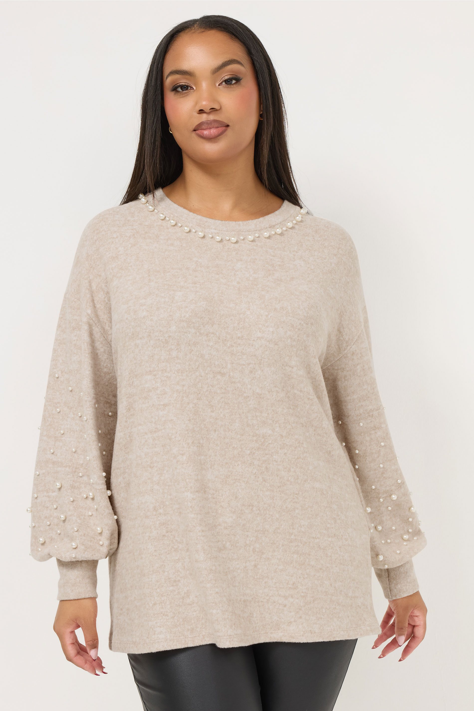 YOURS Plus Size Natural Brown Pearl Embellished Jumper | Yours Clothing 3