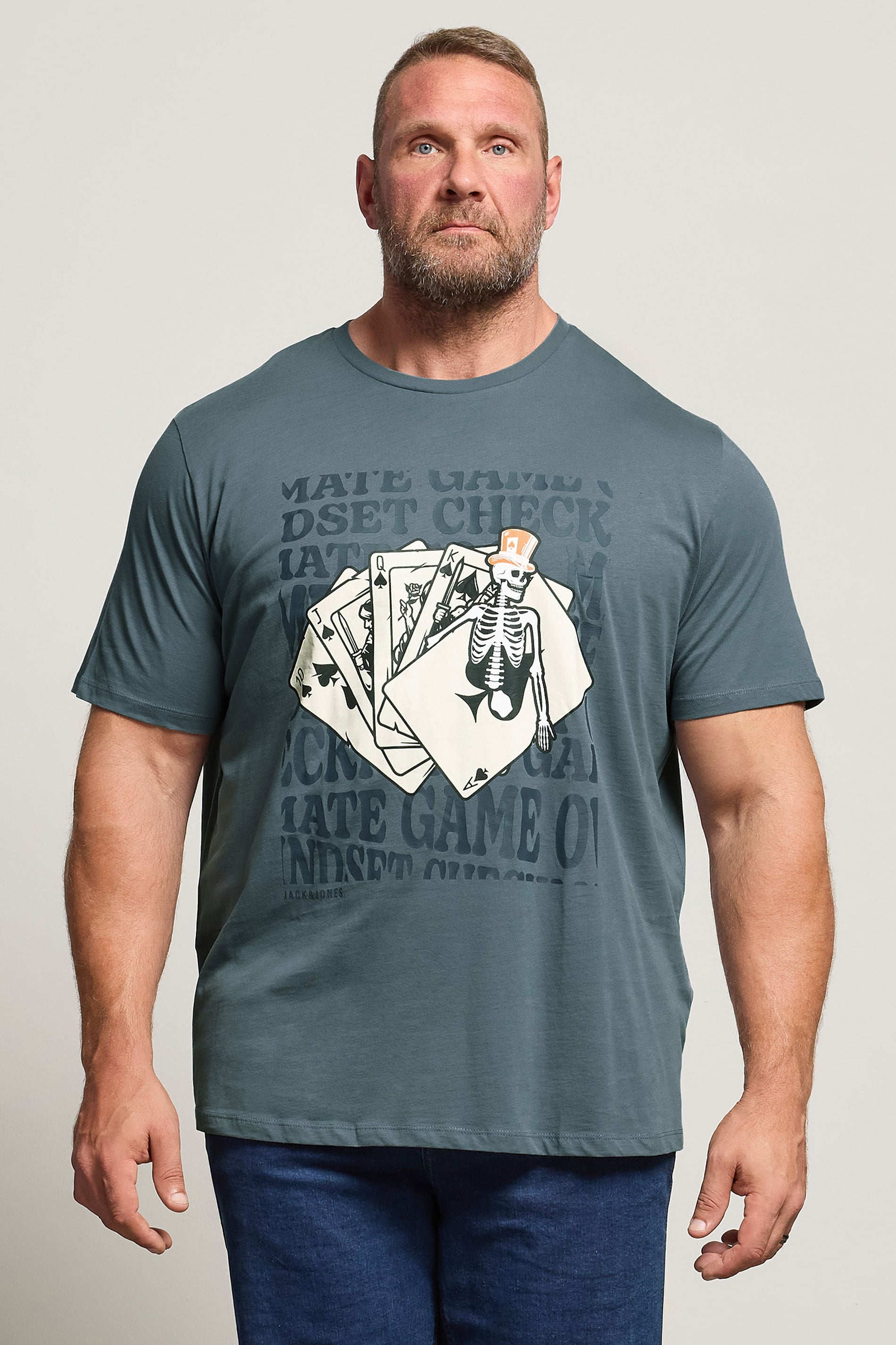 JACK & JONES Big & Tall Stormy Blue Cards Graphic T-Shirt | BadRhino 3
