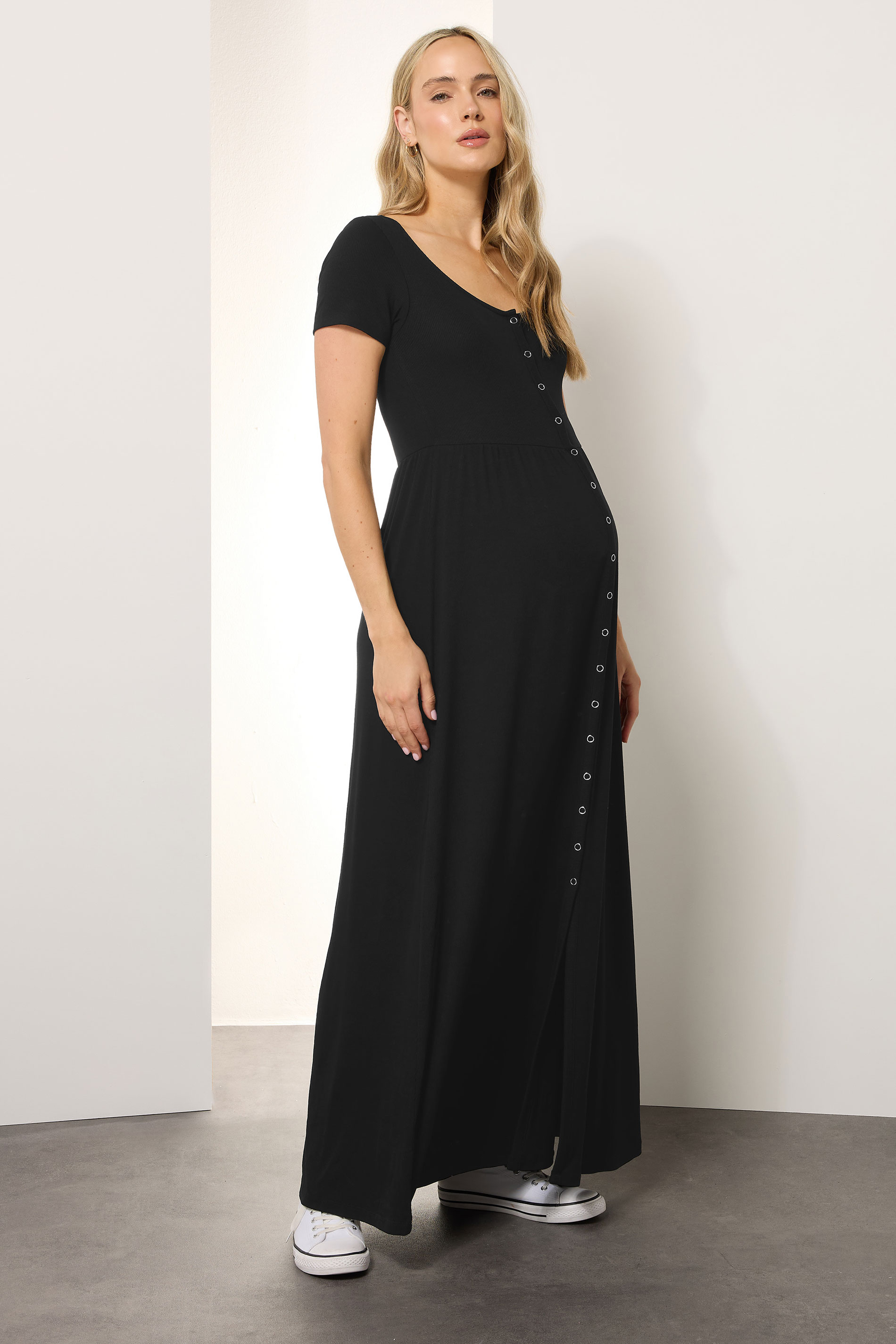 LTS Tall Maternity Black Ribbed Button Maxi Dress | Long Tall Sally 1
