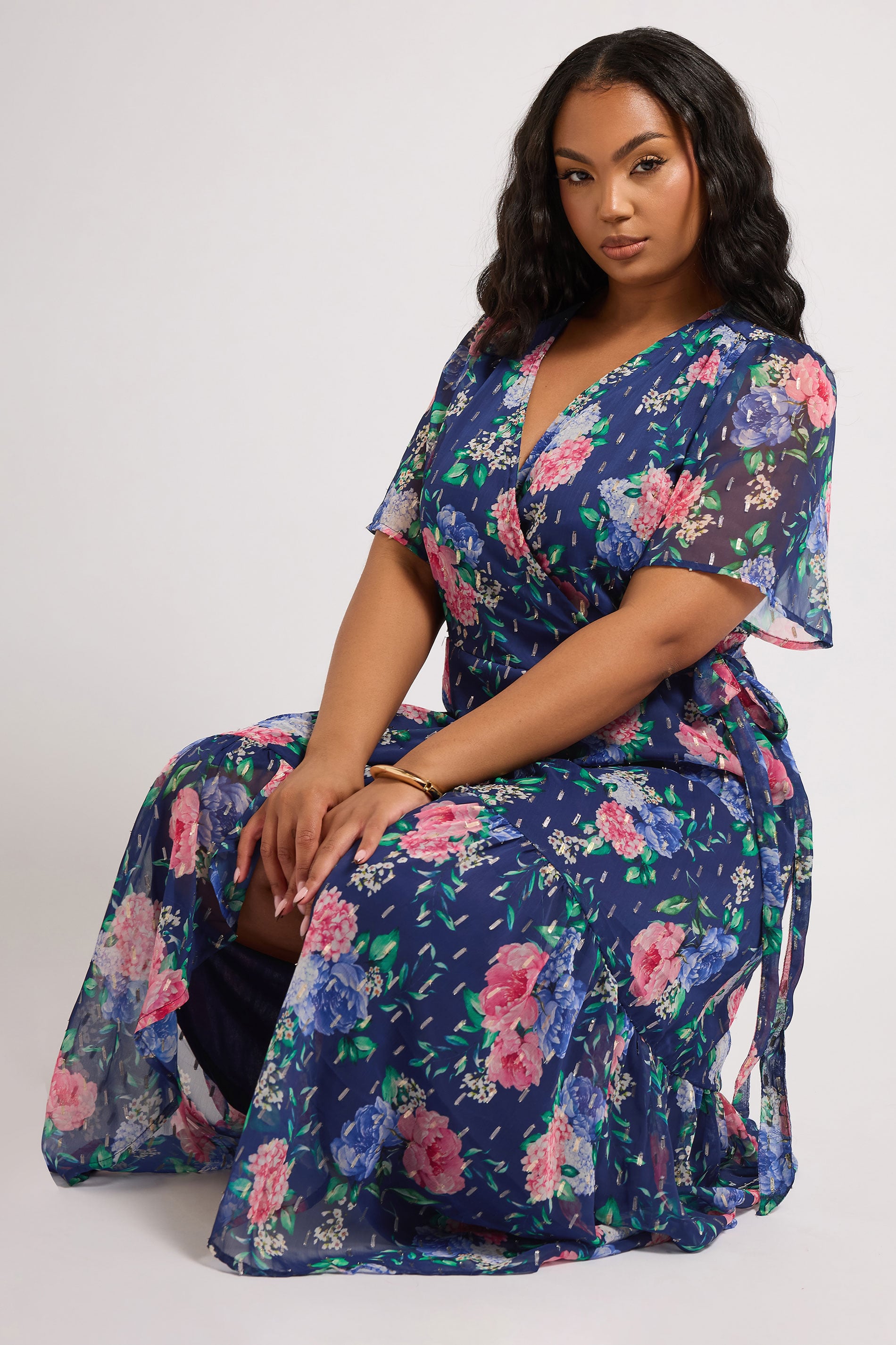YOURS LONDON Plus Size Navy Blue Floral Metallic Wrap Dress | Yours Clothing 2