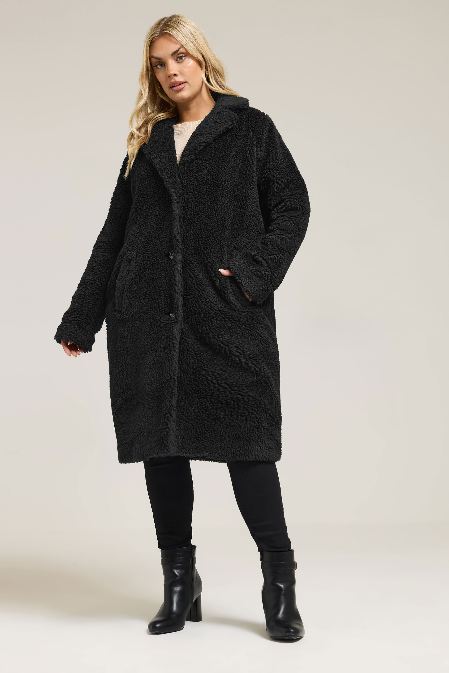 YOURS Plus Size Black Teddy Borg Midi Coat | Yours Clothing 1