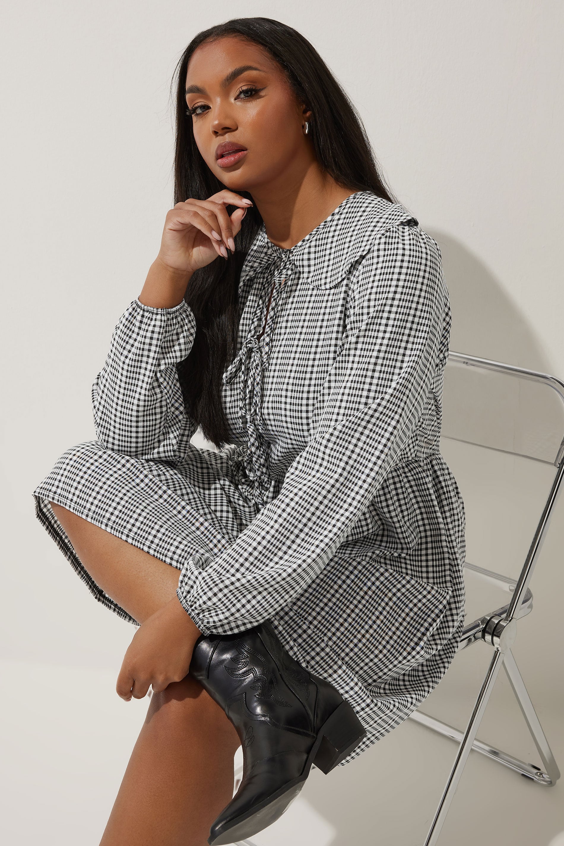 LIMITED COLLECTION Plus Size Black & White Gingham Collared Dress | Yours Clothing 1