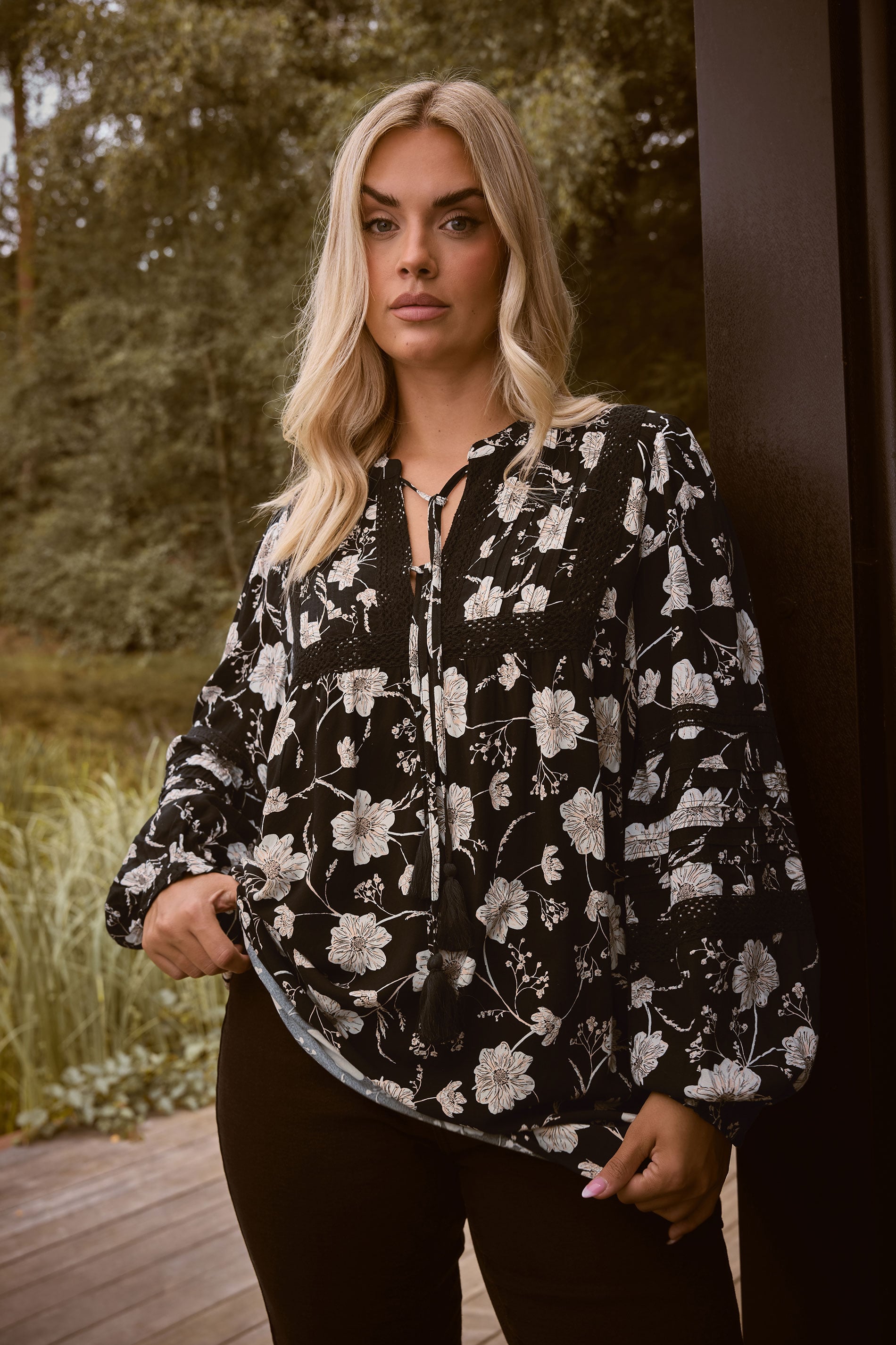 YOURS Plus Size Black Floral Crochet Trim Blouse | Yours Clothing 1
