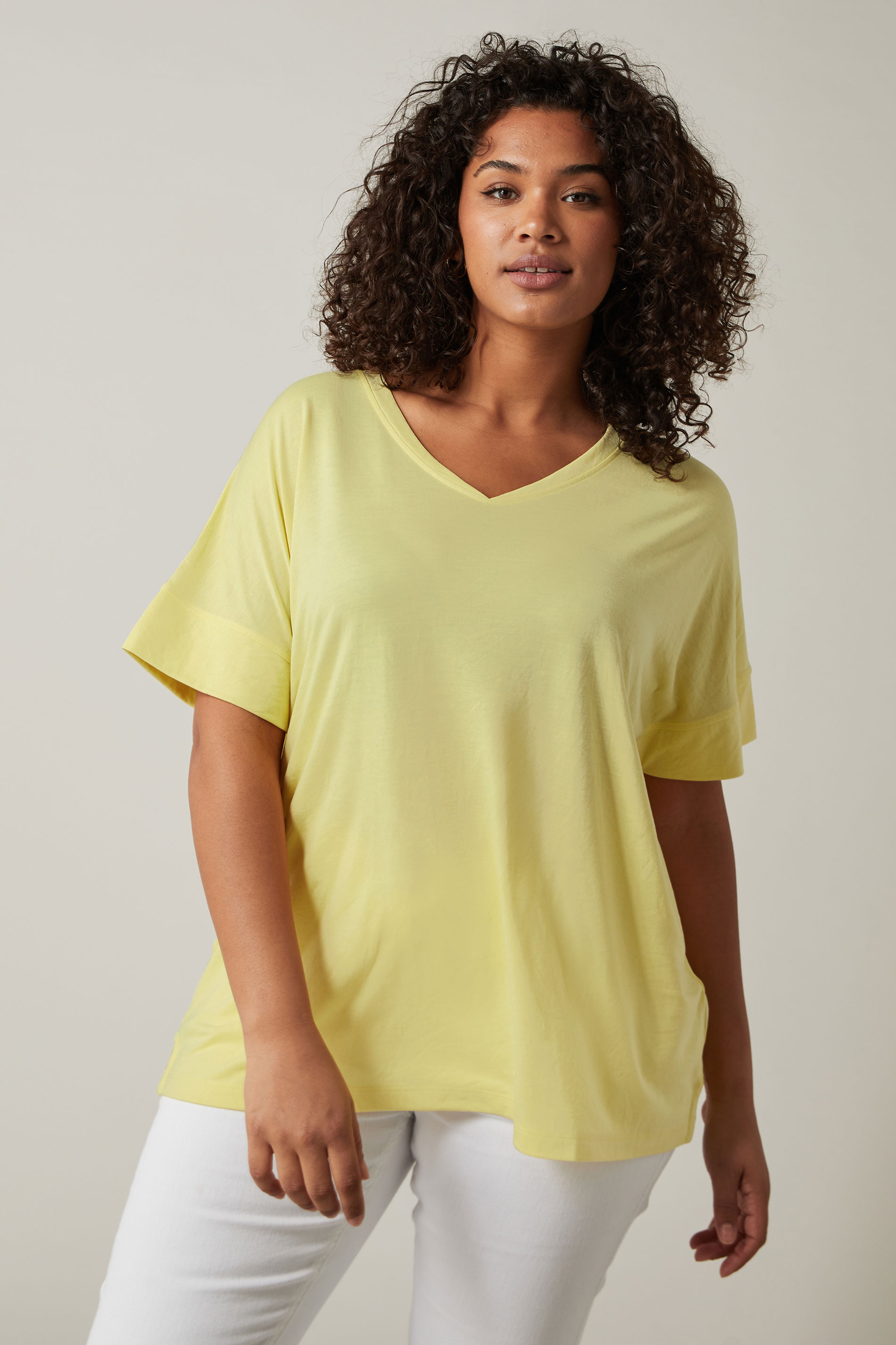 EVANS Plus Size Yellow V-Neck Modal Rich T-Shirt | Evans