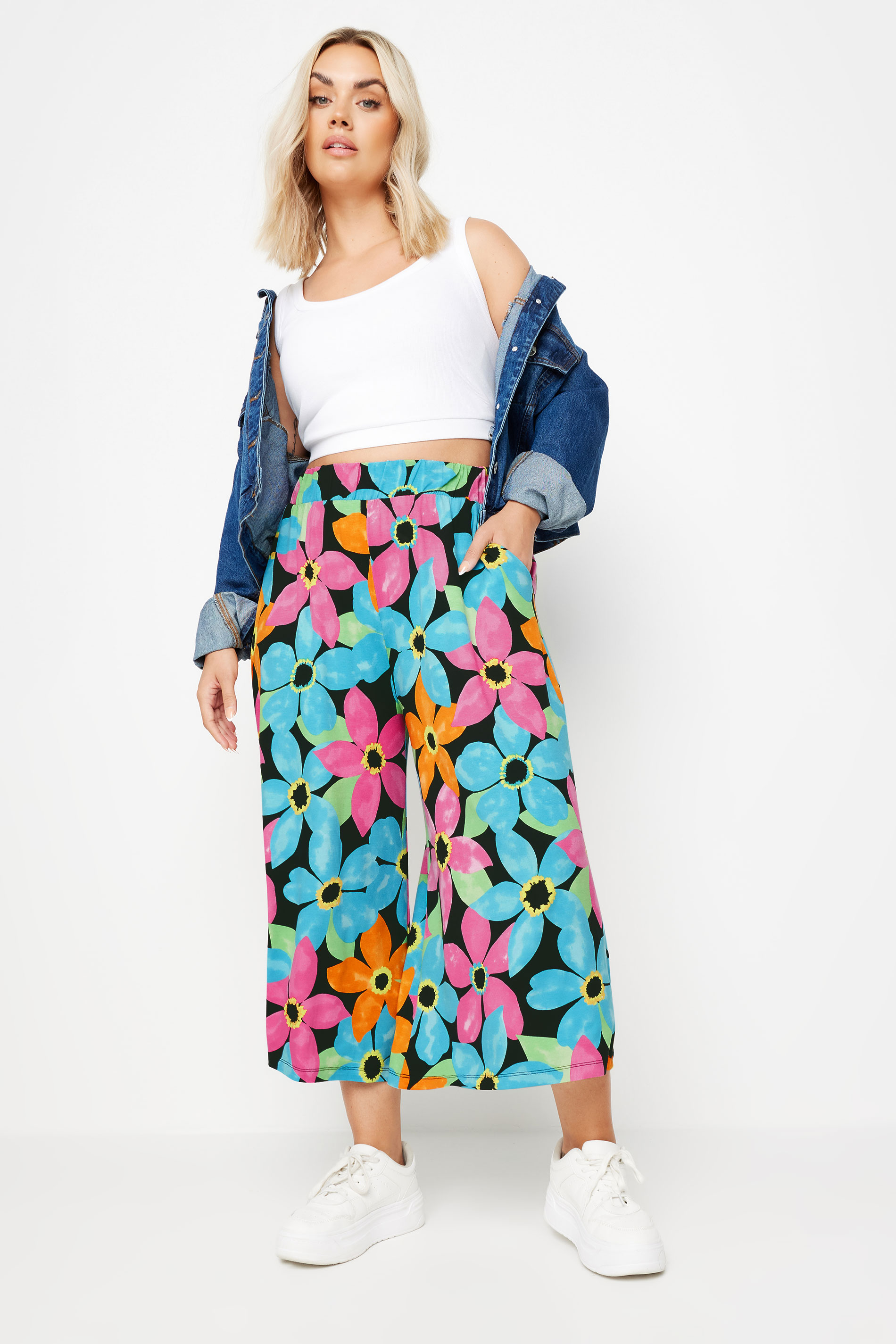 YOURS Plus Size Blue & Pink Floral Print Midaxi Culottes | Yours Clothing 2