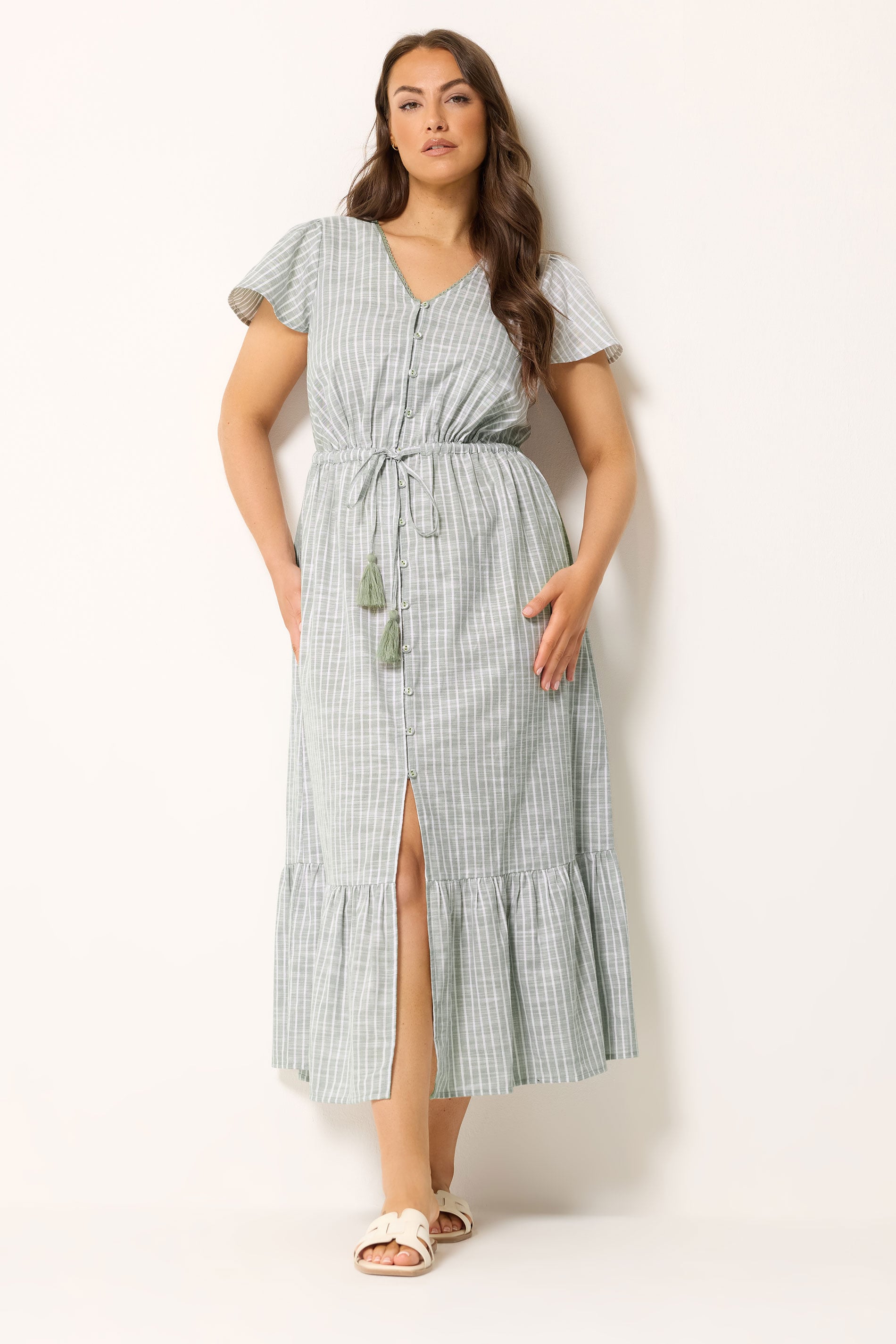 YOURS Plus Size Sage Green Stripe Angel Sleeve Dress | Yours Clothing 2