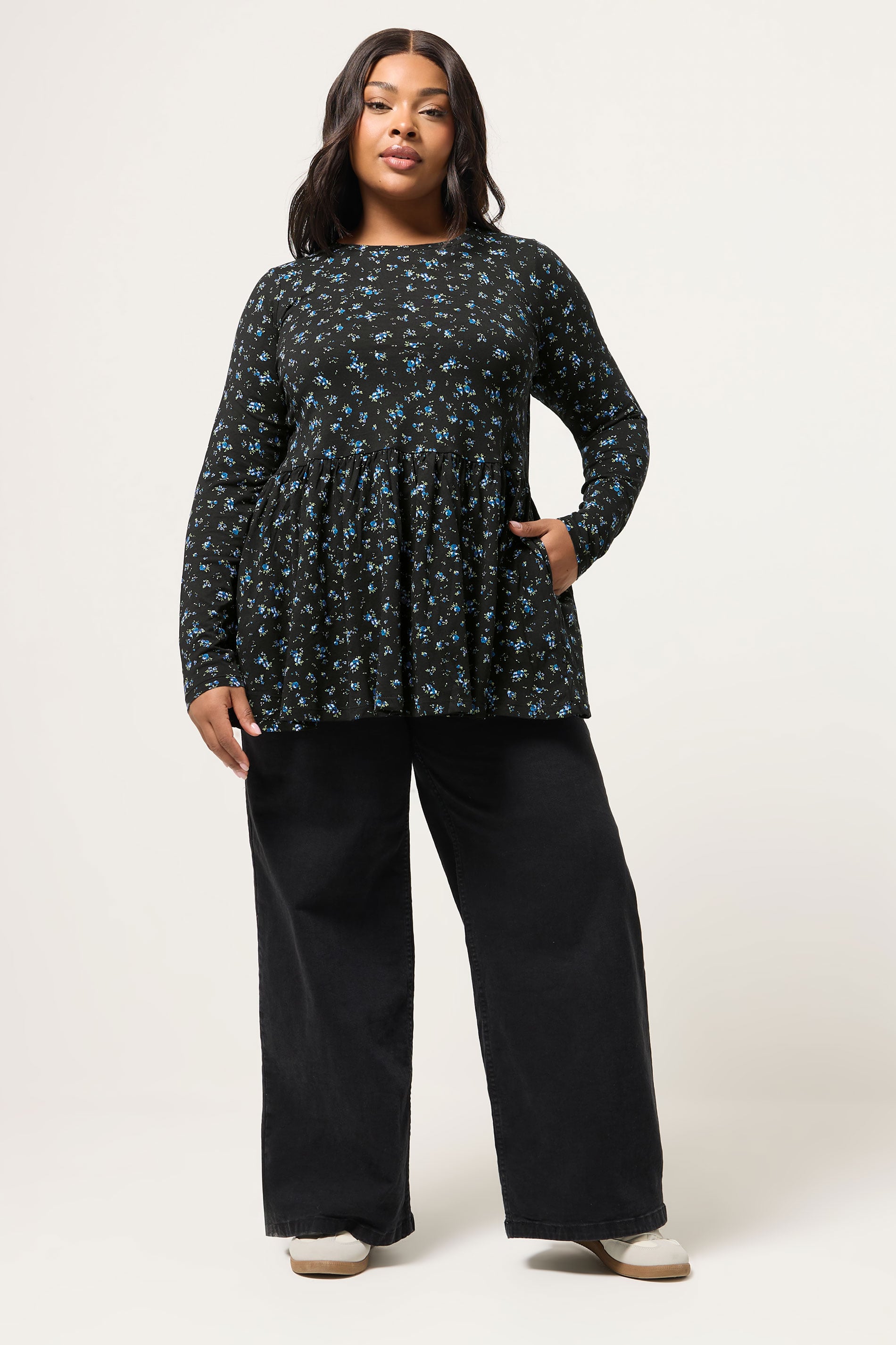 YOURS Plus Size Blue Ditsy Floral Peplum Top | Yours Clothing 1