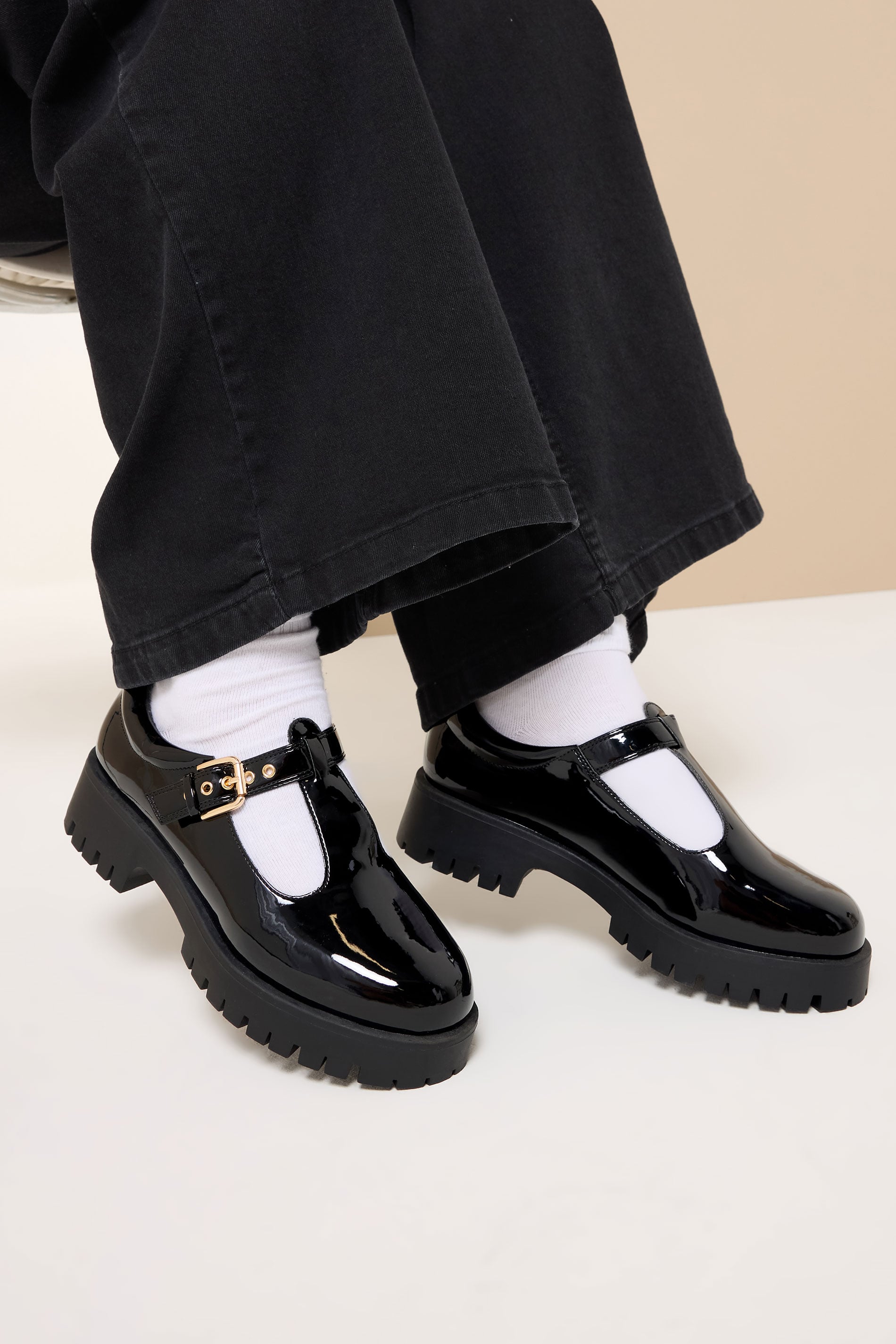Black Patent Chunky T-Bar Mary Janes In Extra Wide EEE Fit | Yours Clothing 1
