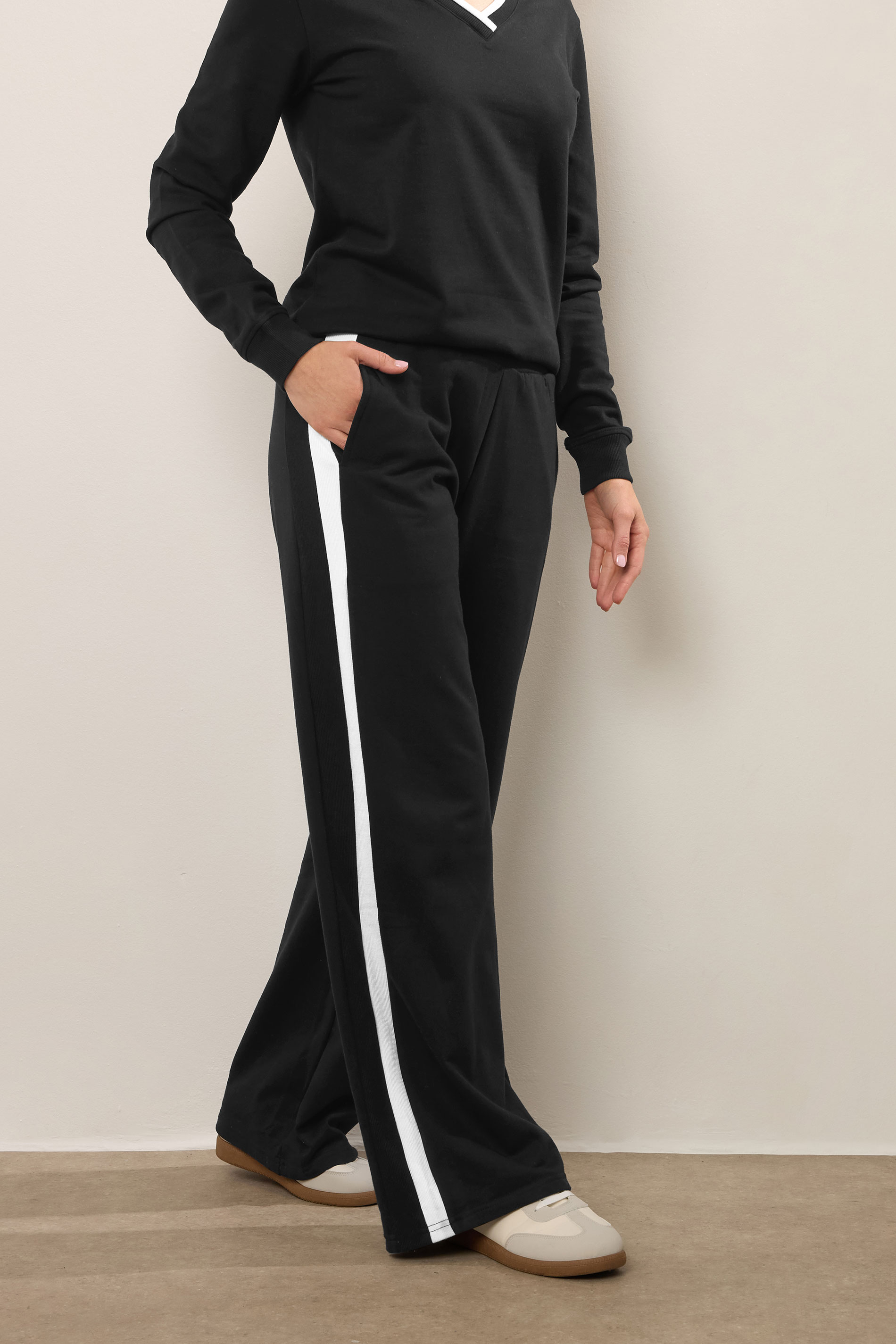 LTS Tall Black Ribbed Striped Wide Leg Joggers | Long Tall Sally 2