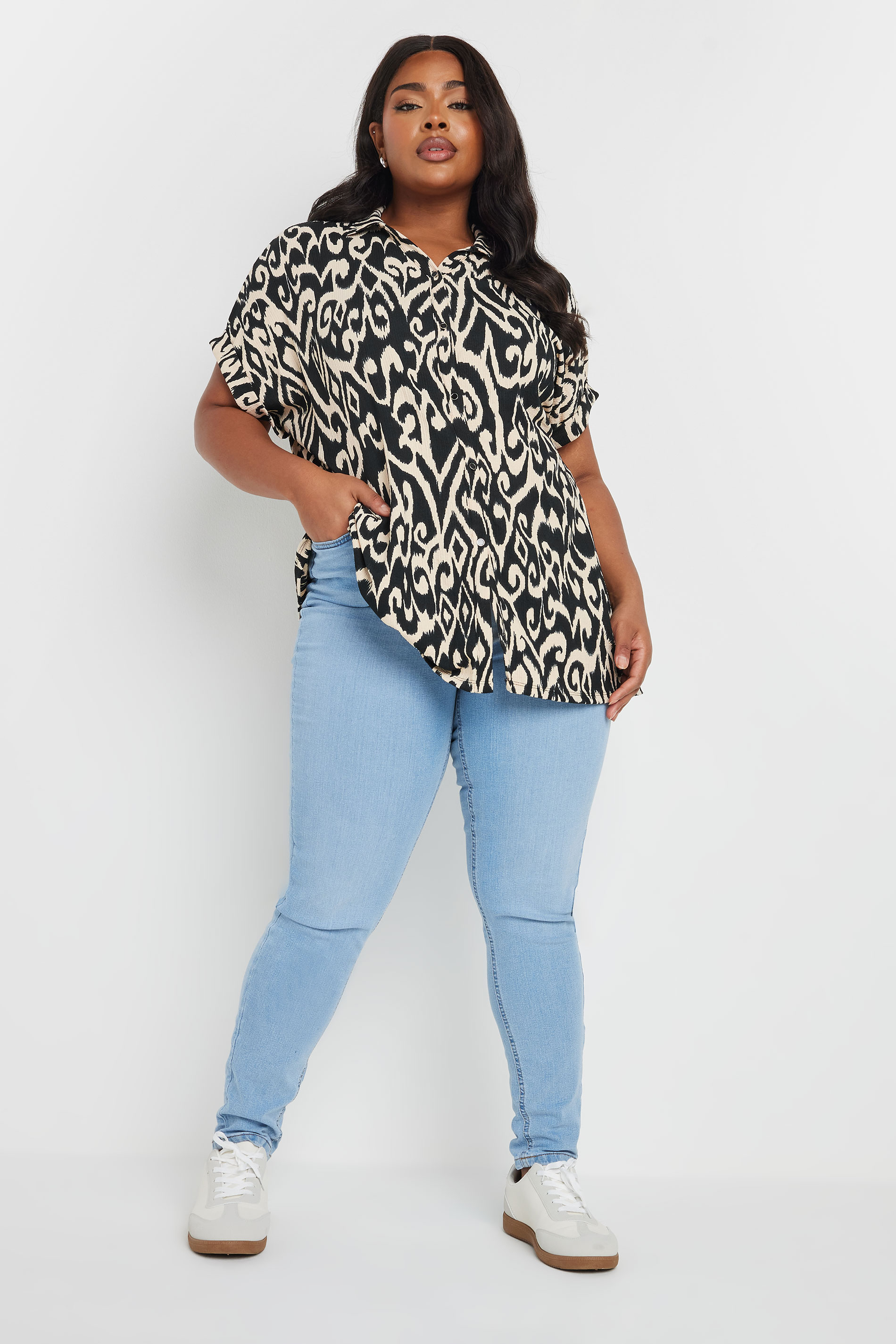 YOURS Plus Size Black & White Ikat Print Crinkle Shirt | Yours Clothing 1