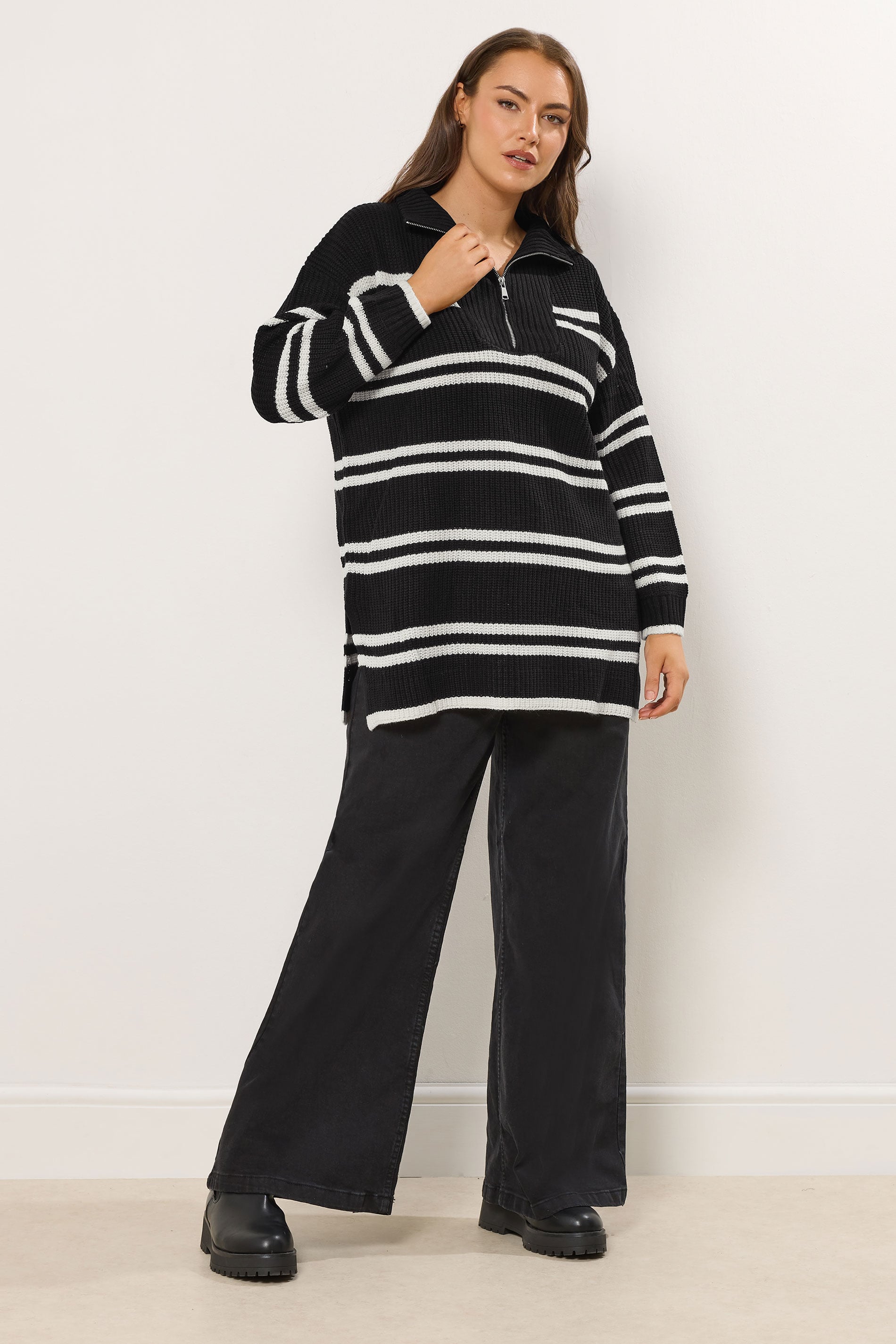 YOURS Plus Size Black Stripe Quarter Zip Jumper | Yours Clothing 1