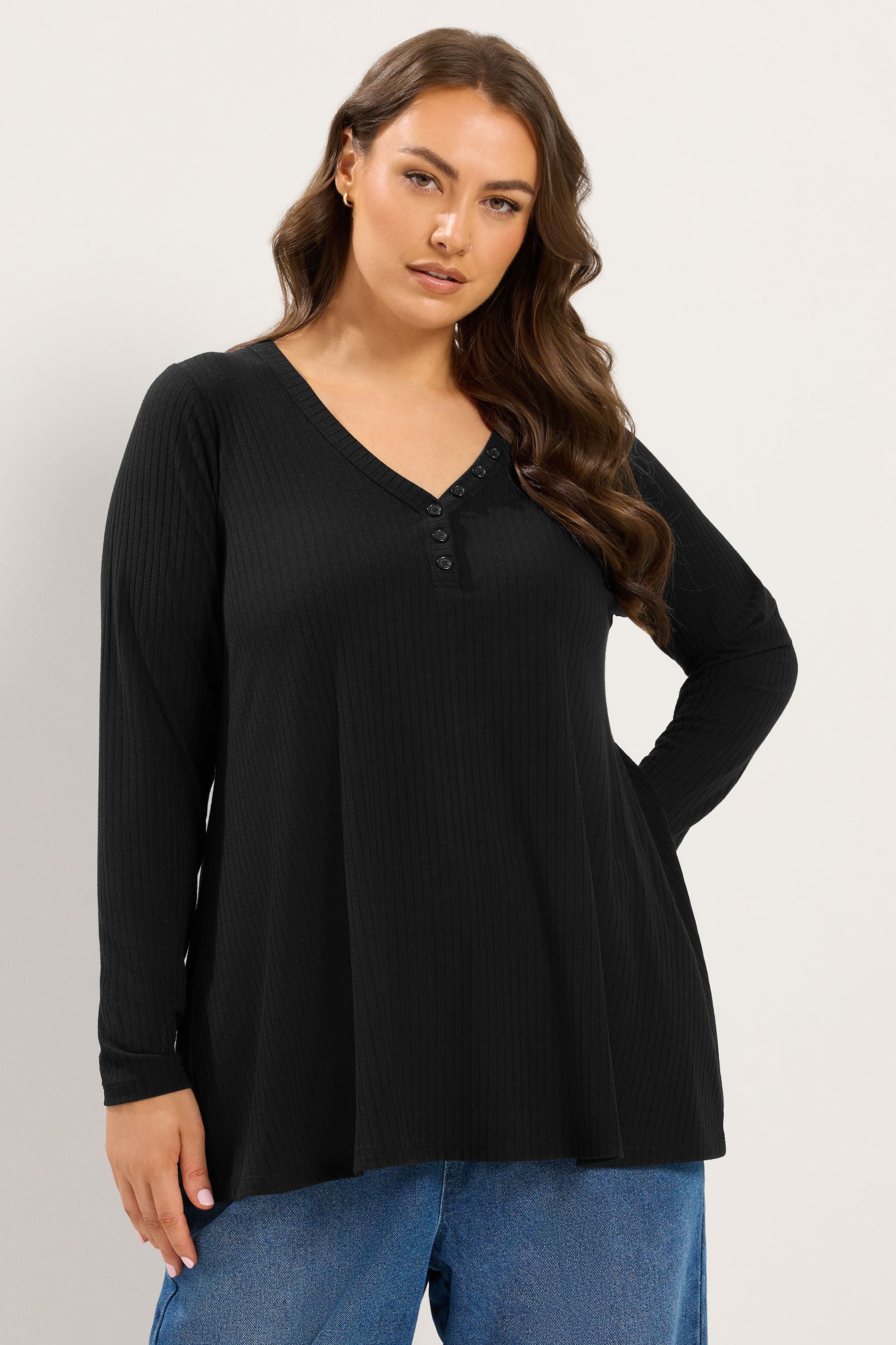 YOURS Plus Size Black Henley Ribbed Swing Top | Yours Clothing 3